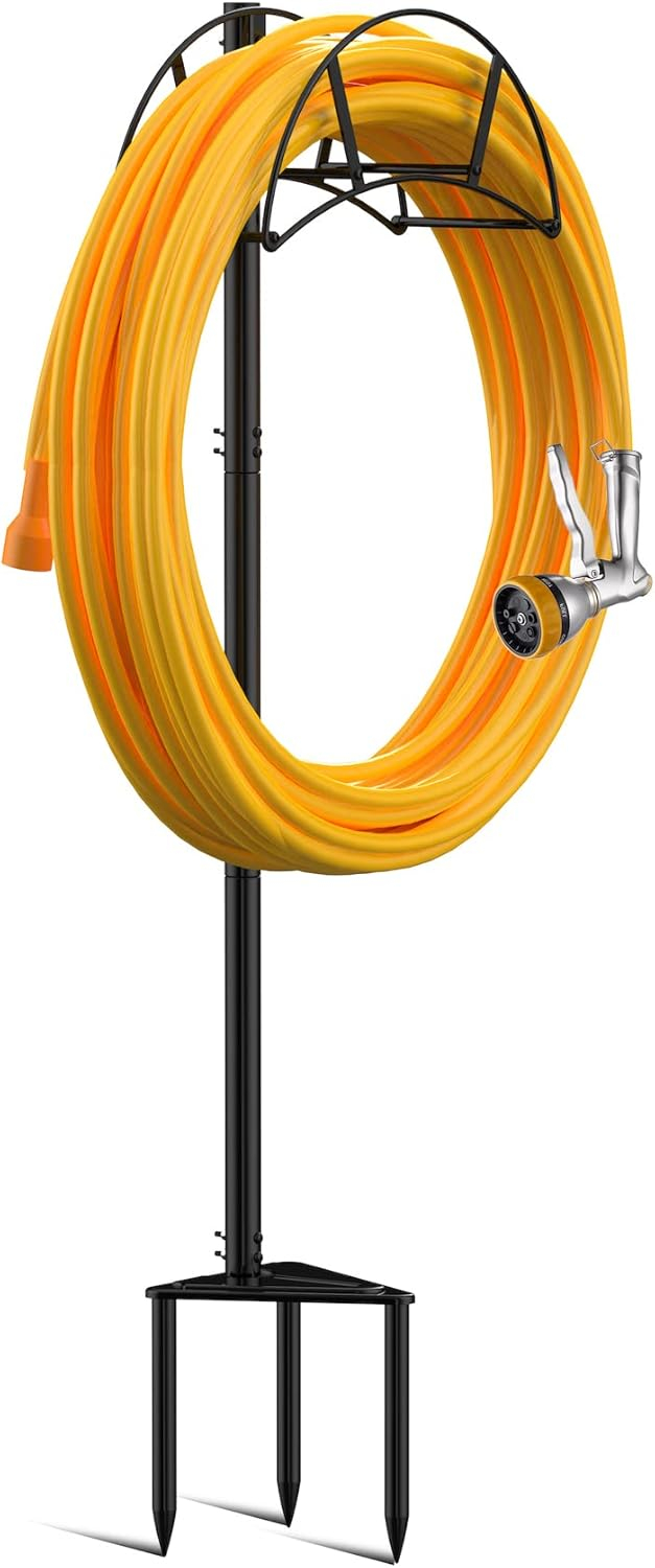 Suchek Metal Garden Hose Holder Stake, Freestanding, Heavy Duty Water Hose Stand, In Ground Hose Rack Organizer for Outside Yard (Black)