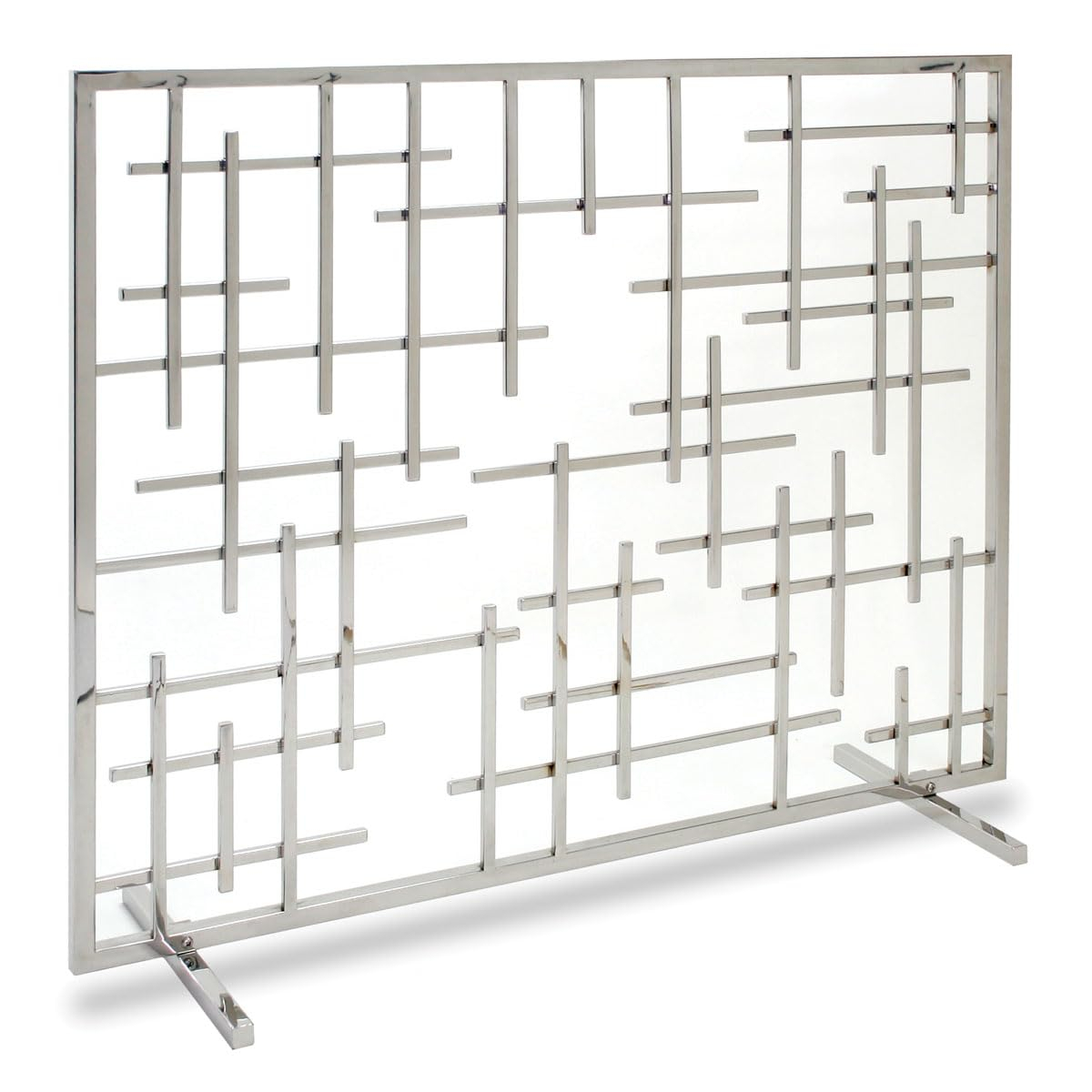 Contemporary Polished Nickel Fireplace Screen with Geometric Design