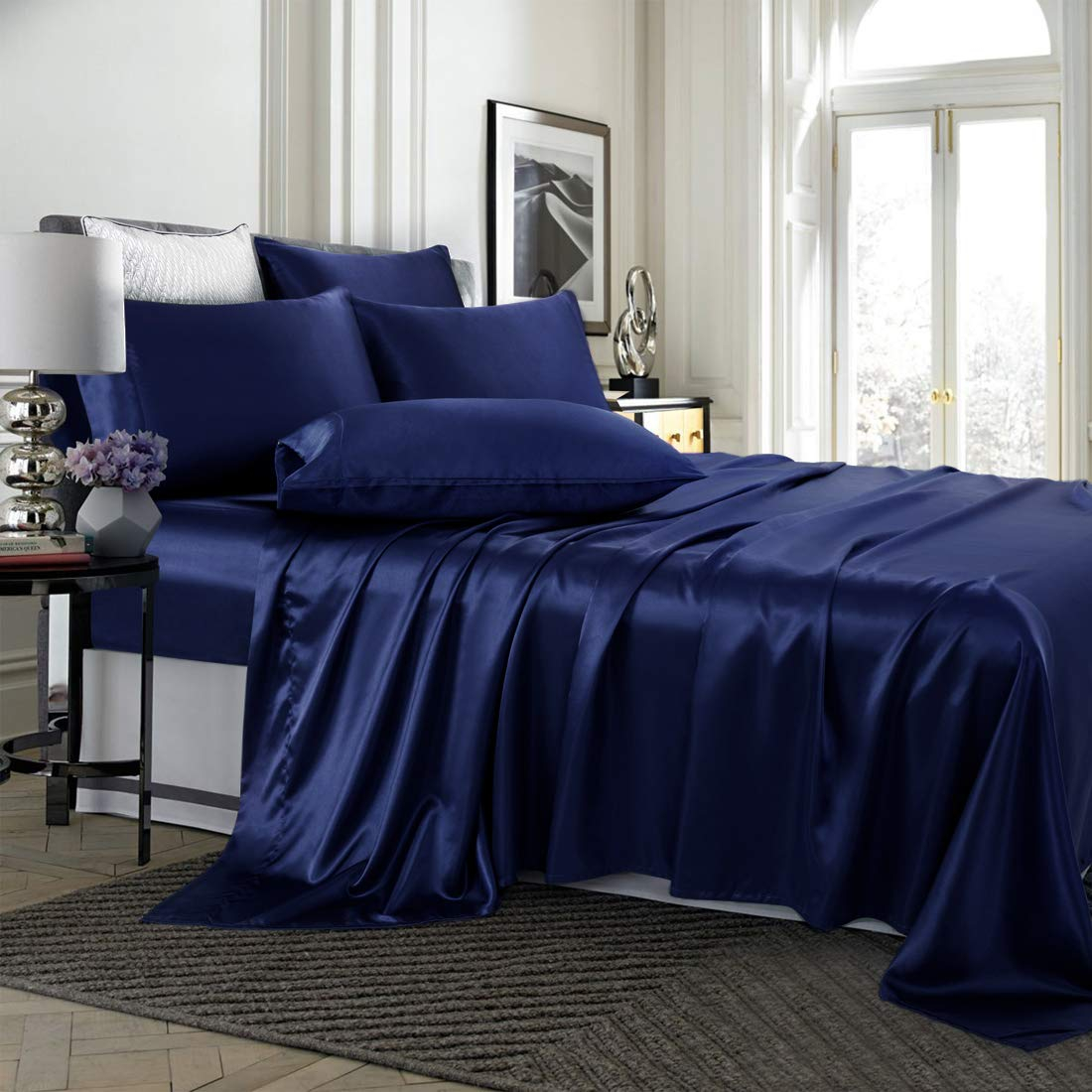 TREELY 6 Piece King Size Satin Sheet Set - Navy Blue, Deep Pocket, Fitted Sheet, Flat Sheet, 4 Pillowcases