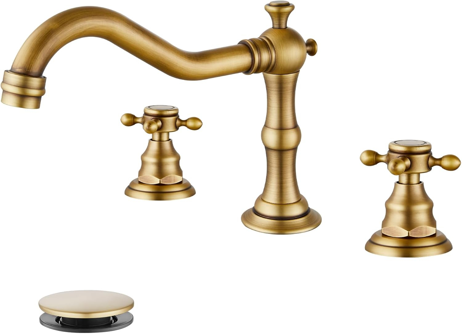 gotonovo Bathroom Faucet 3 Hole 8 Inch Widespread Bathroom Sink Faucet 2 Cross Handles Vintage Lavatory Vanity Mixer Tap with Pop Up Drain, H C Label, Antique Brass