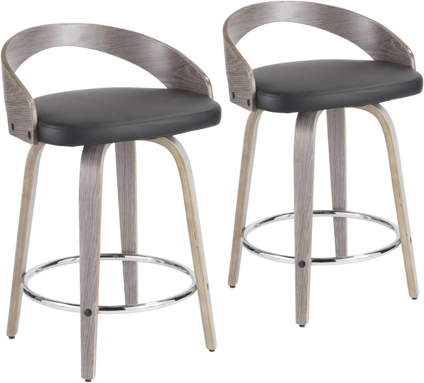 Grotto Mid-Century Modern Counter Stool with Light Grey Wood and Black Faux Leather by LumiSource - Set of 2