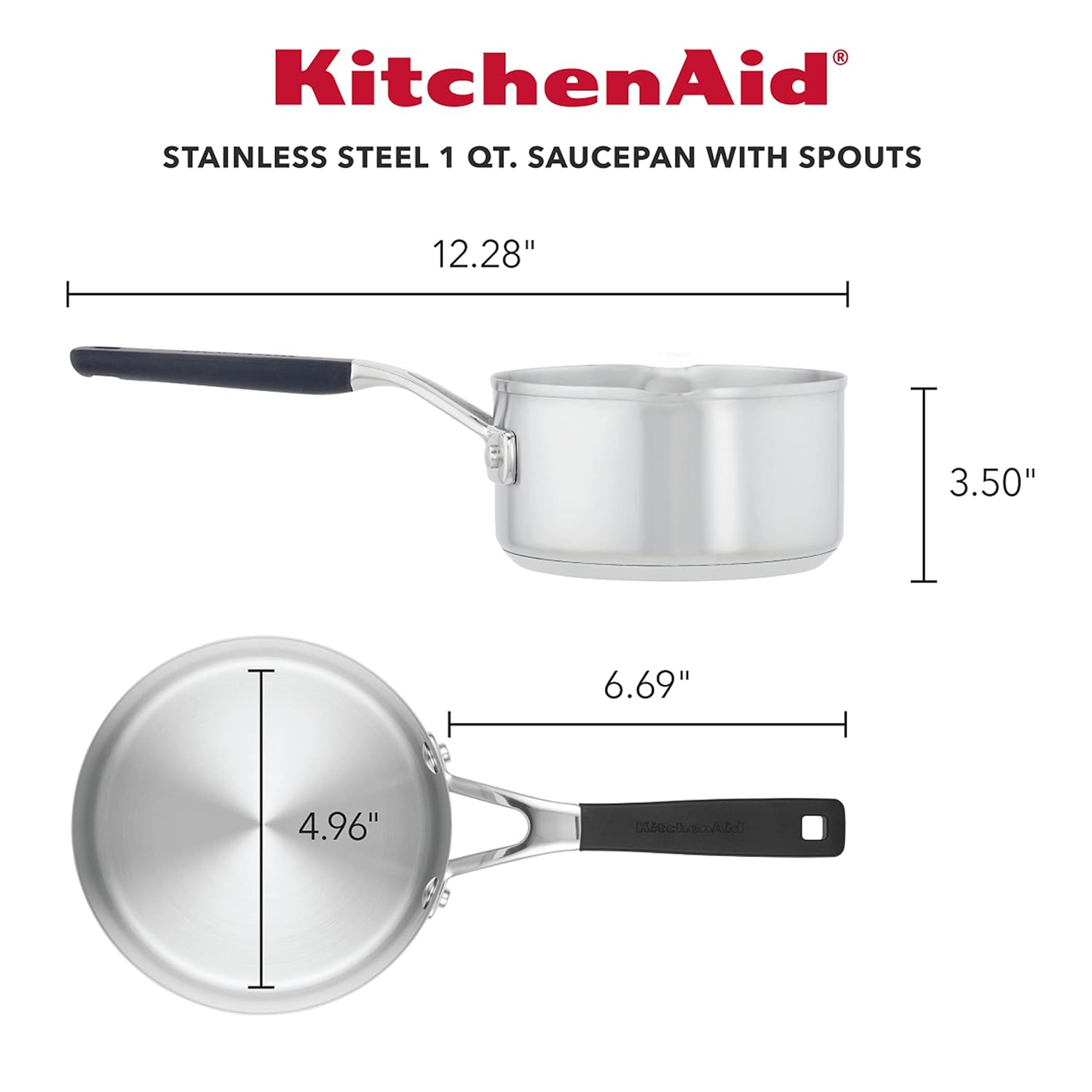 KitchenAid Stainless Steel Induction Saucepan with Pour Spouts, 1 Quart, Brushed Stainless Steel