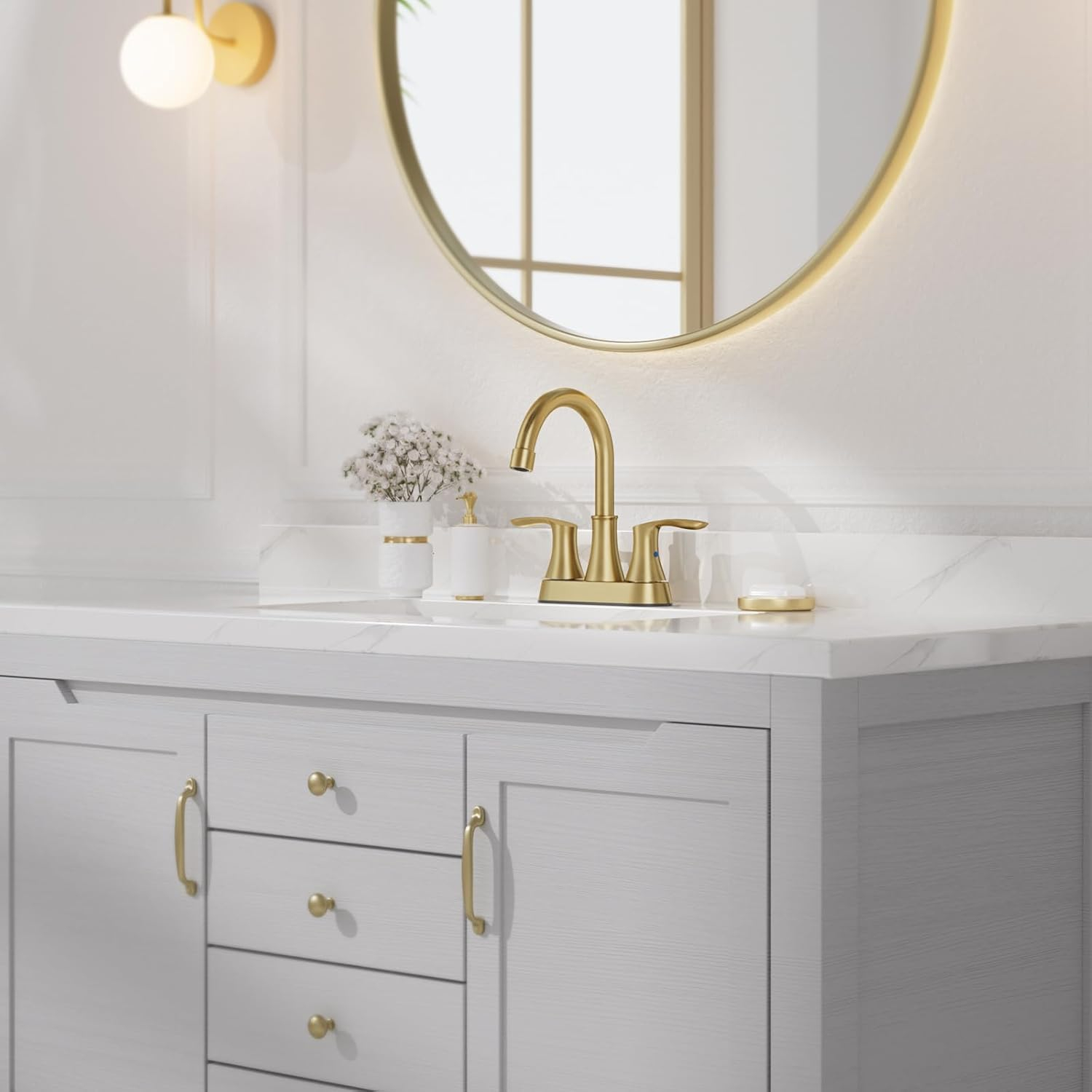 Phiestina 4 Inch 2 or 3 Hole Bathroom Sink Faucet Centerset Brushed Gold 2 Handle RV 360°Swivel Bath Vanity Faucet with Metal Pop Up Drain & Water Supply line, TY36-BG