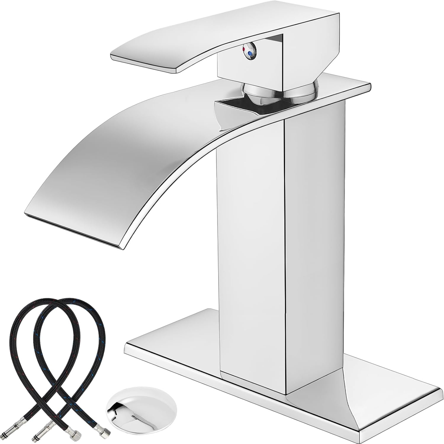 Midanya Waterfall Spout Bathroom Faucet Single Handle 1 Hole Bathroom Sink Faucet,Modern RV Lavatory Vanity Basin Tap with Water Hose,Short Body,Polish Chrome