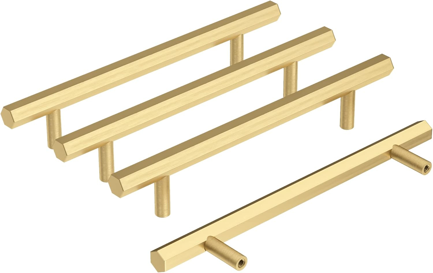 RZDEAL 4 Pcs 5 Inch Solid Brass Pull Kitchen Cabinet Handles Brushed Gold Decorative Contemporary Hexagon Bar Cabinet Pulls (Hole Centers:5.0"(128mm))