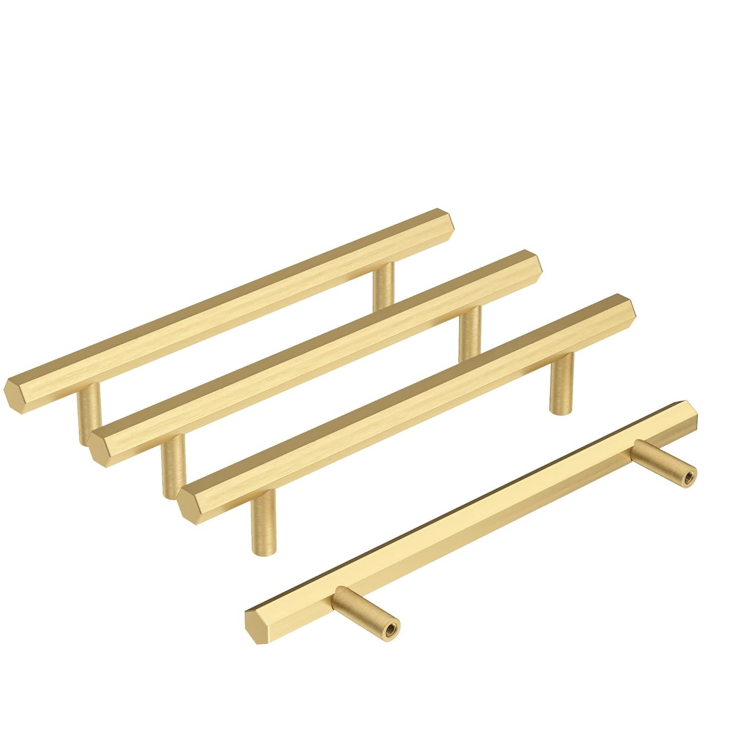 RZDEAL 4 Pcs 5 Inch Solid Brass Pull Kitchen Cabinet Handles Brushed Gold Decorative Contemporary Hexagon Bar Cabinet Pulls (Hole Centers:5.0"(128mm))