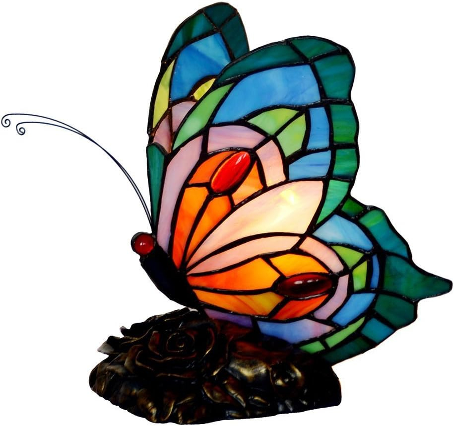 Home Tiffany Style Butterfly Lamp-Stained Glass Table or Desk Light LED Bulb Included-Vintage Look Colorful Accent Decor by Lavish (Rounded Wings)