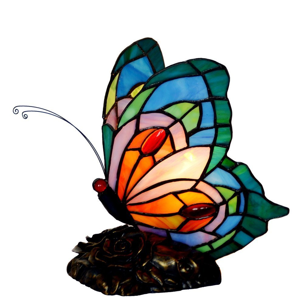 Home Tiffany Style Butterfly Lamp-Stained Glass Table or Desk Light LED Bulb Included-Vintage Look Colorful Accent Decor by Lavish (Rounded Wings)
