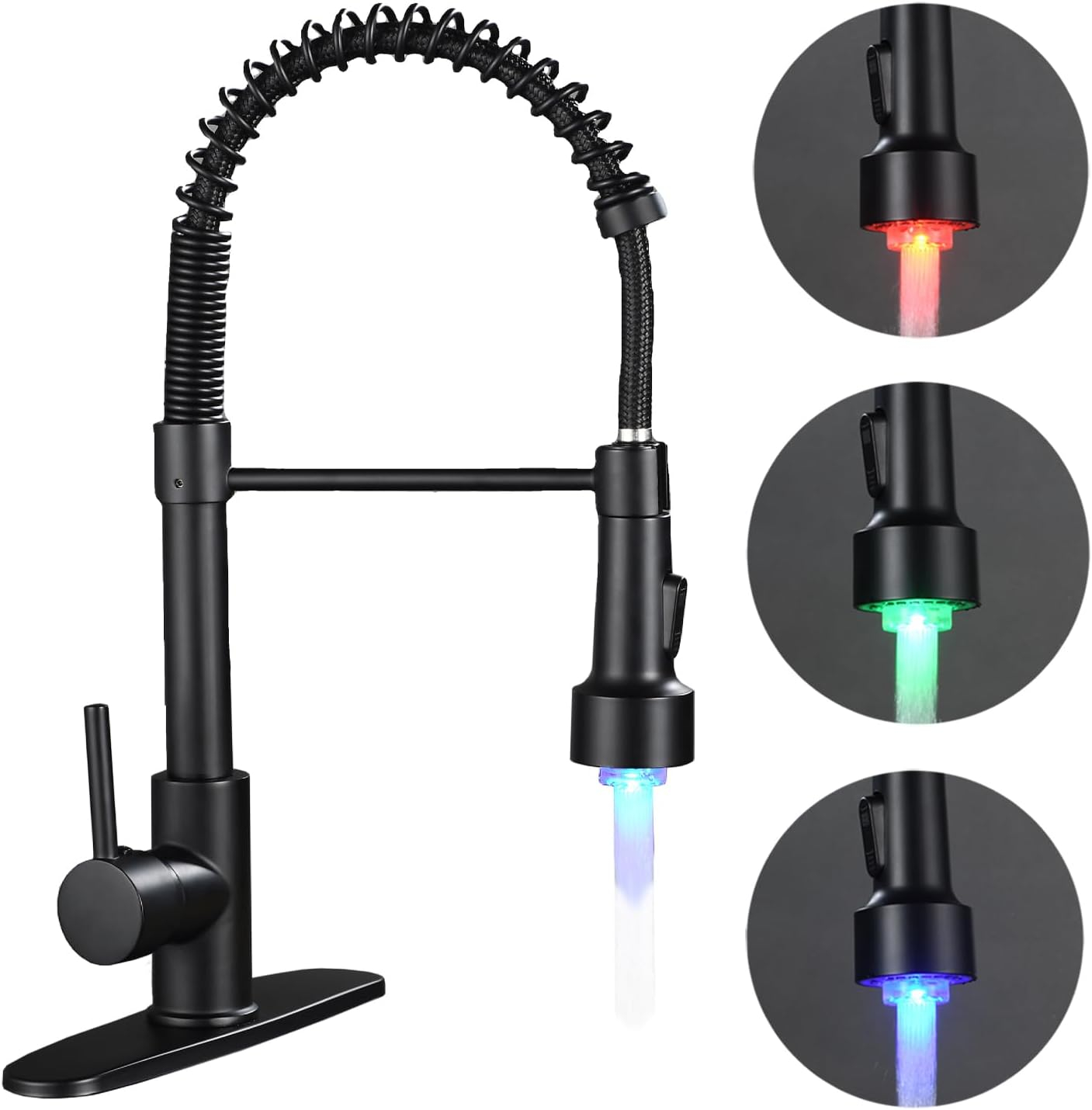 Kitchen Sink Faucet, Pull Down Spring Single Handle Stainless Steel Faucet with Sprayer with LED Light for bar Laundry and Utility Sink faucets (Matte Black)