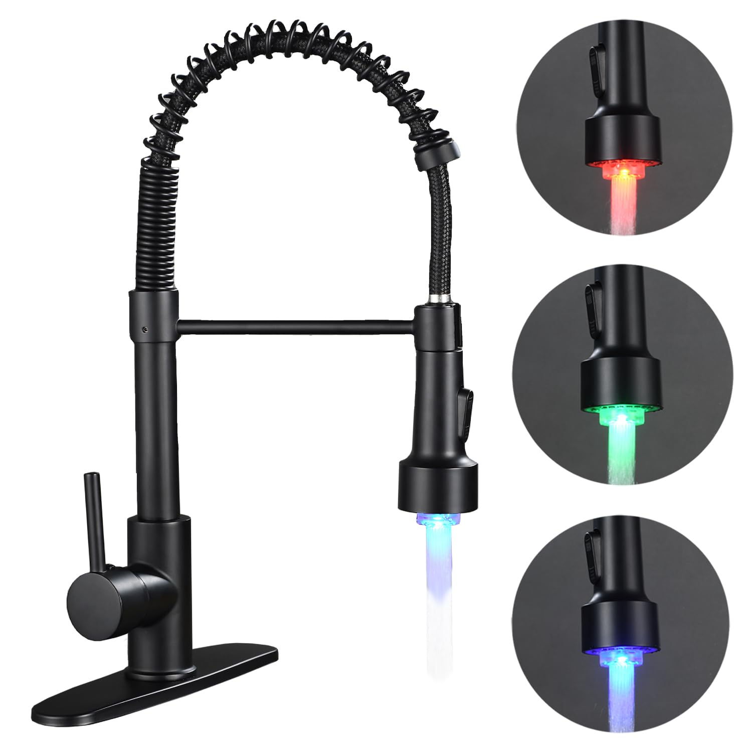 Kitchen Sink Faucet, Pull Down Spring Single Handle Stainless Steel Faucet with Sprayer with LED Light for bar Laundry and Utility Sink faucets (Matte Black)