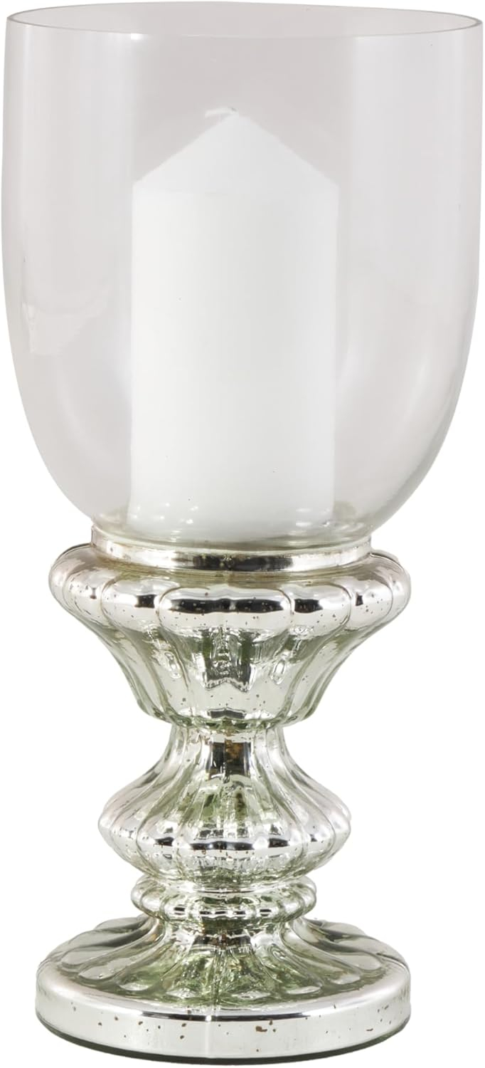 DecMode Silver Glass Handmade Turned Style Pillar Hurricane Lamp with Faux Mercury Glass Finish