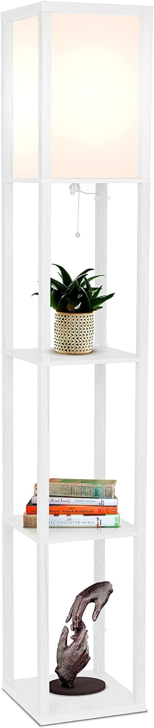 Brightech Maxwell - Modern LED Shelf Floor Lamp - Skinny End Table & Nightstand for Bedroom - Combo Narrow Side Table with Standing Accent Light Attached - Asian Tower Book Shelves - White