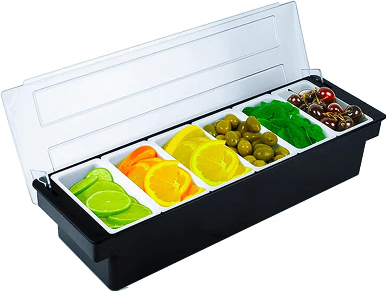 Yuehuam Ice Cooled Condiment Serving Container Fruit Veggie Condiment Caddy Plastic Garnish Station with Lid for Fruit,Ice Cream,Salad Bar-Topping Organizer for Restaurant Supplies (6 Compartments)