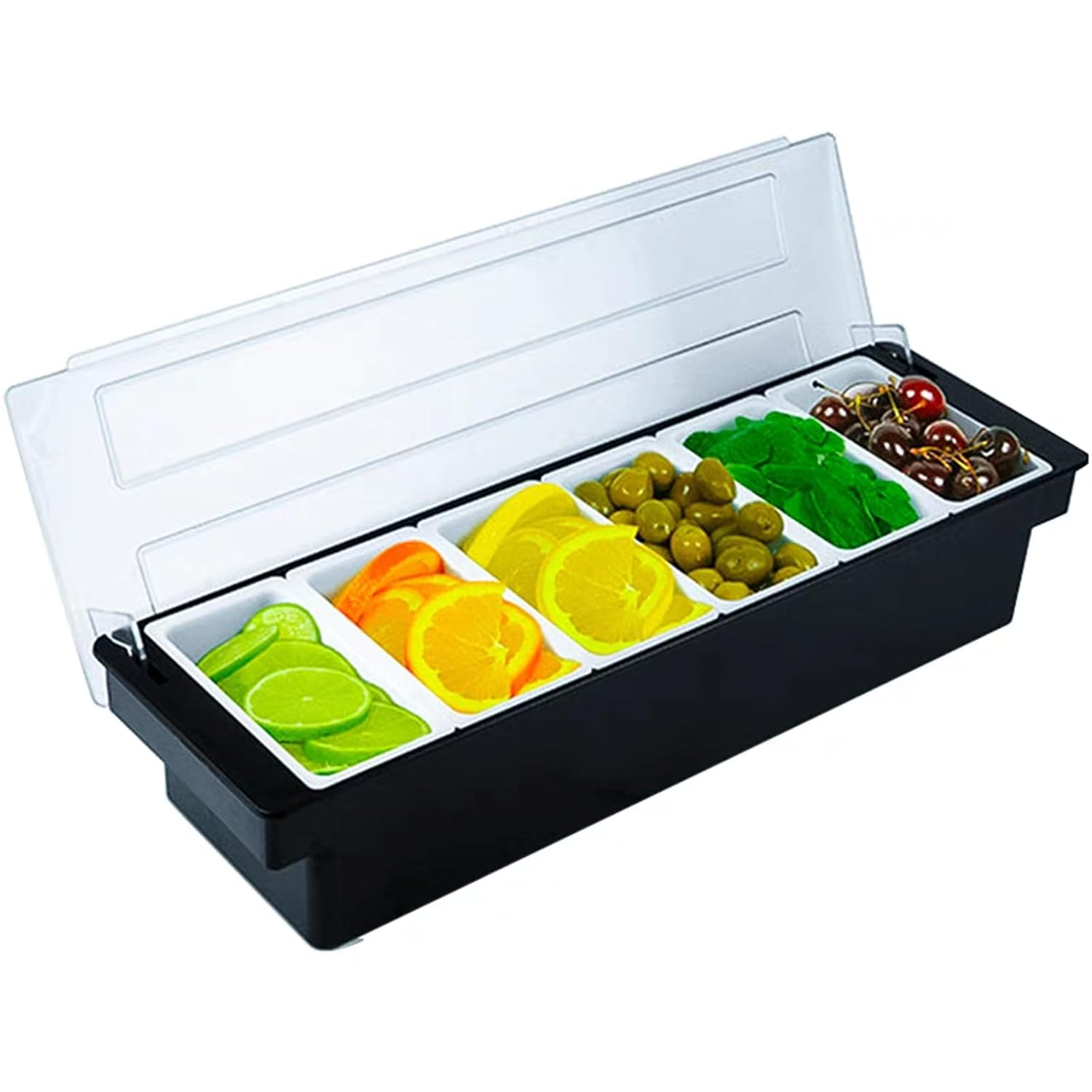 Yuehuam Ice Cooled Condiment Serving Container Fruit Veggie Condiment Caddy Plastic Garnish Station with Lid for Fruit,Ice Cream,Salad Bar-Topping Organizer for Restaurant Supplies (6 Compartments)
