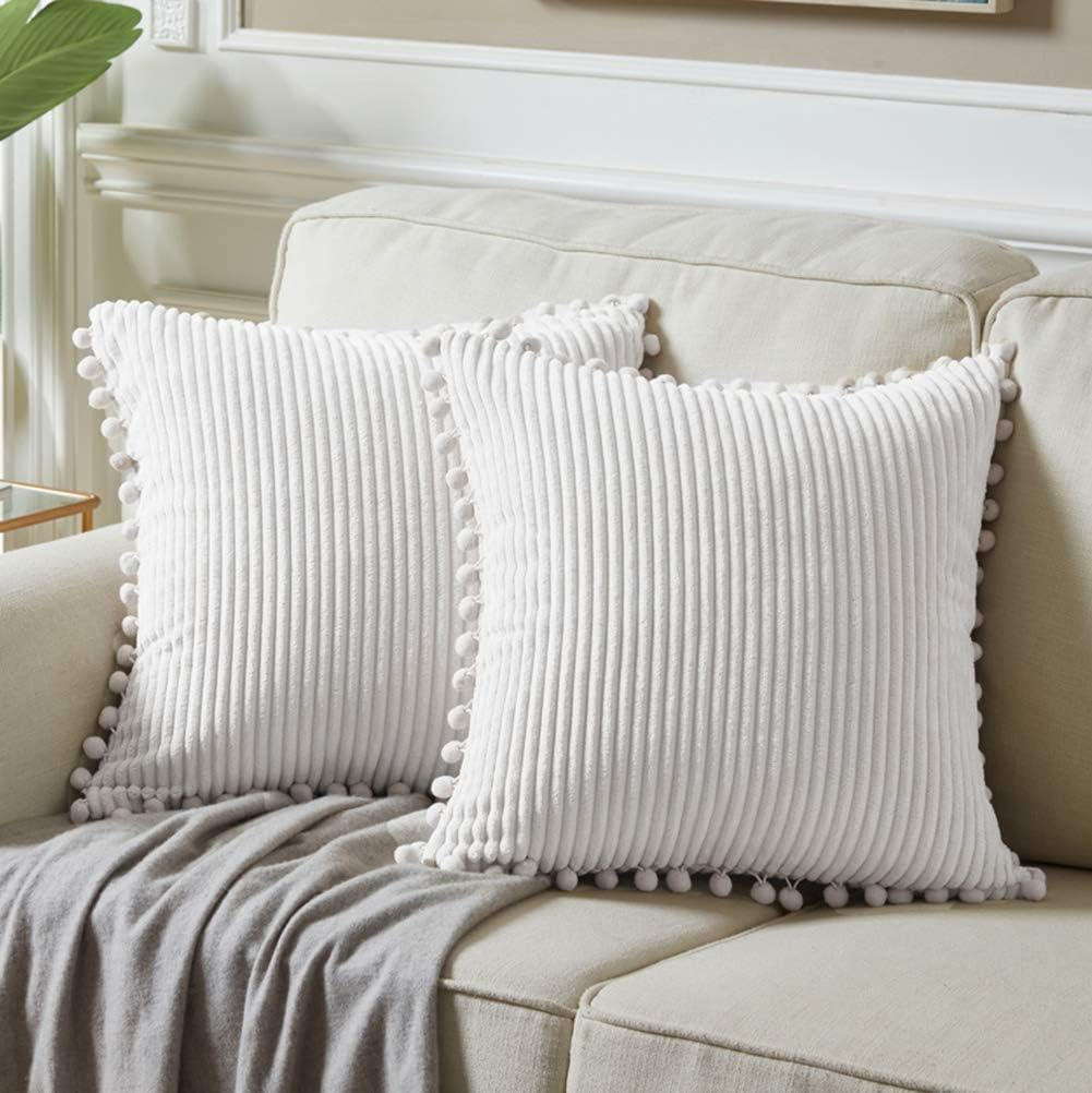 Fancy Homi 2 Packs Boho Decorative Throw Pillow Covers 18x18 Inch for Living Room Couch Bed Sofa, Rustic Modern Farmhouse Home Decor, Soft Corduroy Cream Square Cushion Case 45x45 cm