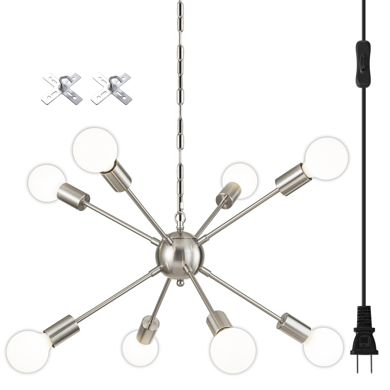 Sputnik Chandelier 8 Lights Brushed Nickel Modern Pendant Lighting Mid Century Flush Mount Ceiling Light Fixture Adjustable Height for Kitchen Dining Room Living Room Bedroom Foyer