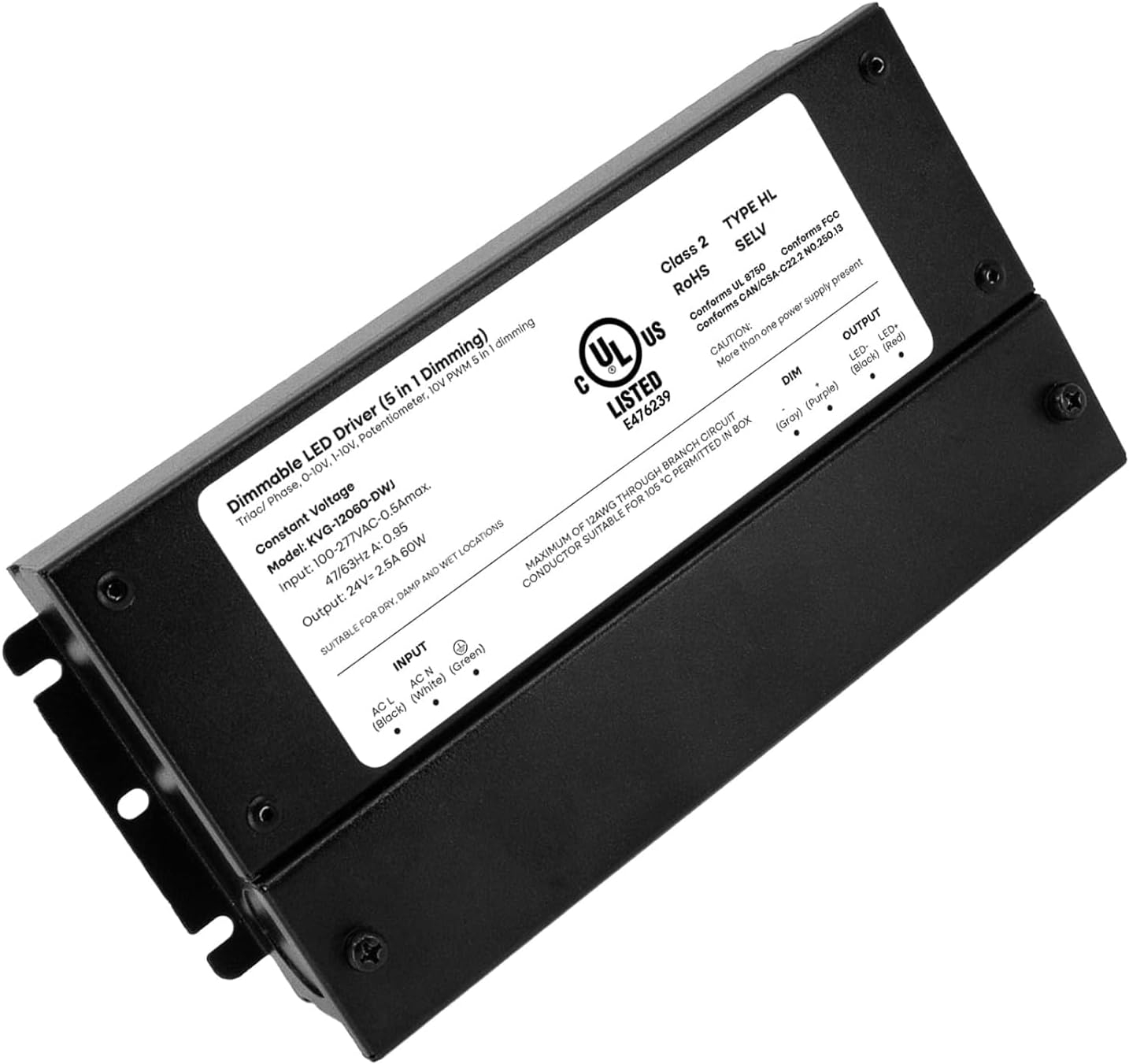 60W Dimmable LED Driver 24V, AC to DC Triac Dimmable Transformer Power Supply, Dimming LED Driver, Compatible with lutron and leviton Dimmer, TRIAC/Phase/0-10V /1-10V/Potentiometer/10V PWM UL Listed