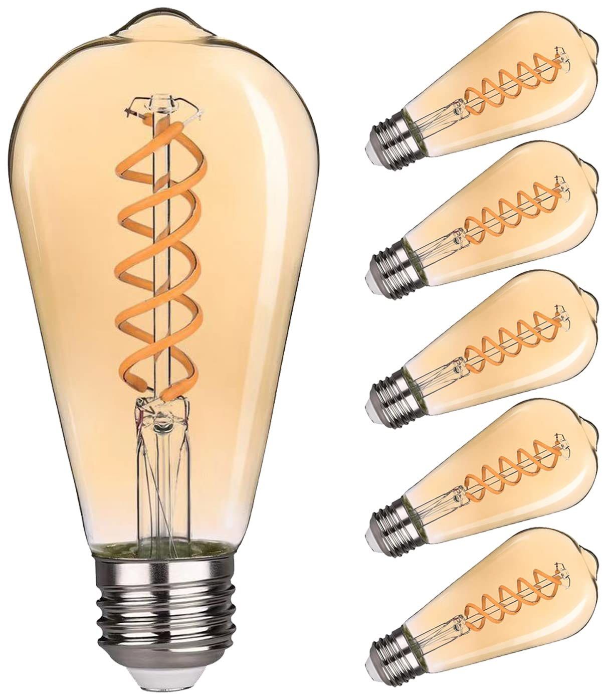 6 Pack ST19 ST58 Edison Bulb, Vintage LED Filament Bulb,Softy White 2700K, Antique Flexible Spiral LED Filament Light Bulb, Dimmable 600LM, 6W Equivalent to 60W, E26 Base,Clear Glass