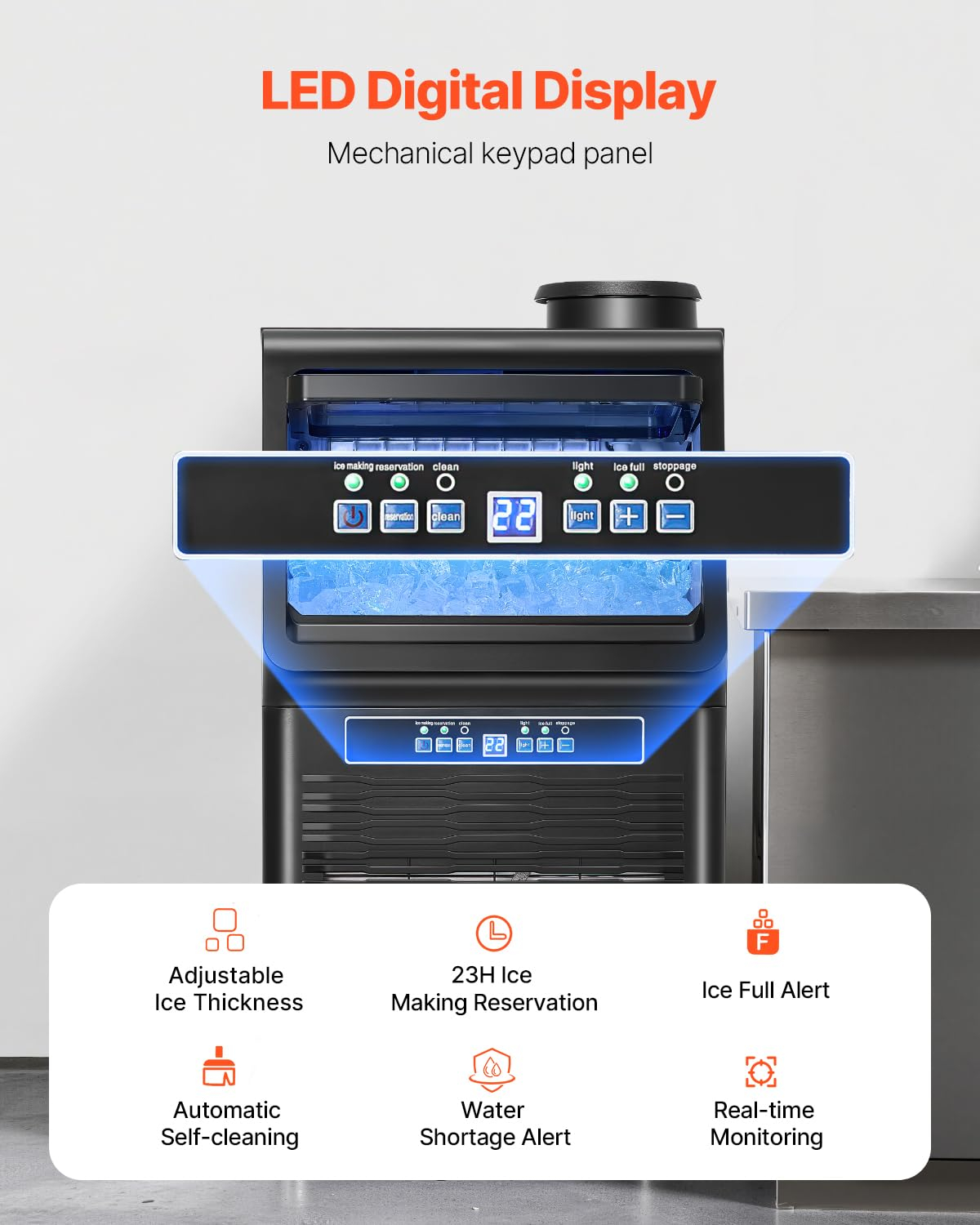 VEVOR Commercial Ice Maker Machine with 2 Water Inlets, 70lbs/24H Ice Maker Machine with 12lbs Storage Capacity, 36 Ice Cubes in 15 Minutes, LED Digital Display Self-Cleaning for Bar Office Restaurant