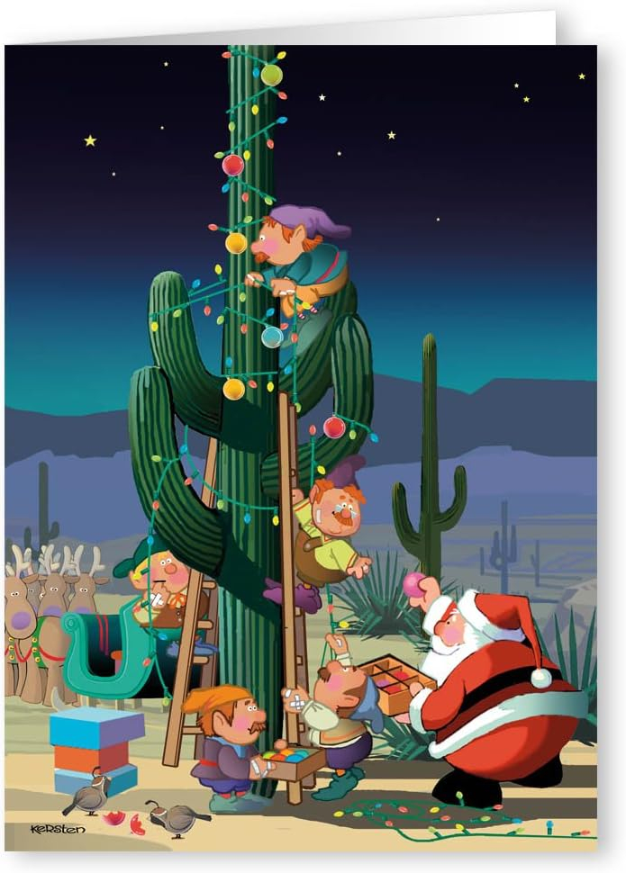 Stonehouse Collection | Desert Cactus Decorating Christmas Card | 18 Western Christmas Cards & Envelopes