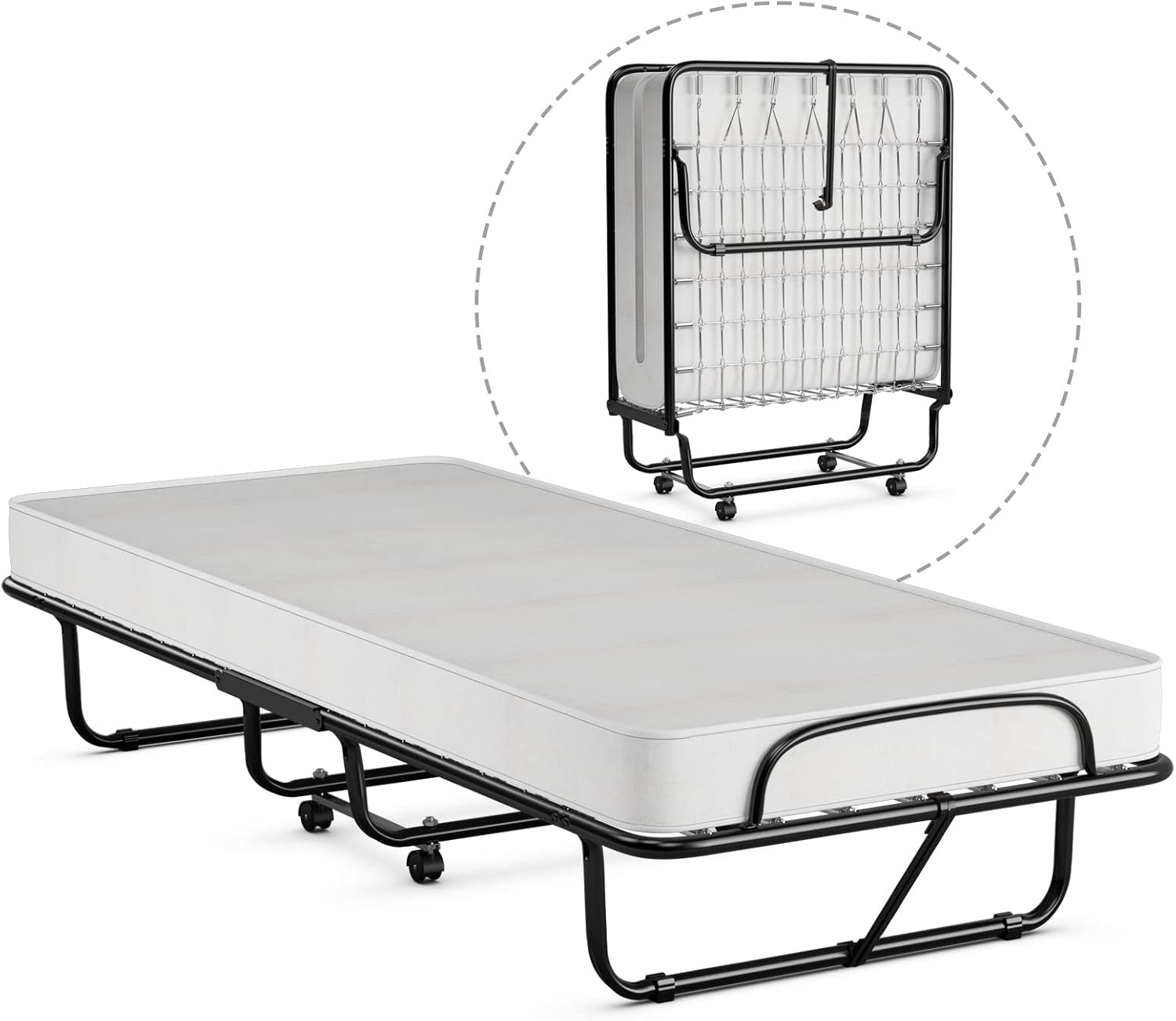 Hysache Rollaway Folding Bed with 4" Memory Foam Mattress, Portable Foldable Guest Bed for Spare Room & Office, 4 Casters, Metal Frame, Portable & Lightweight Compact Rolling Cot, 75" x 31"