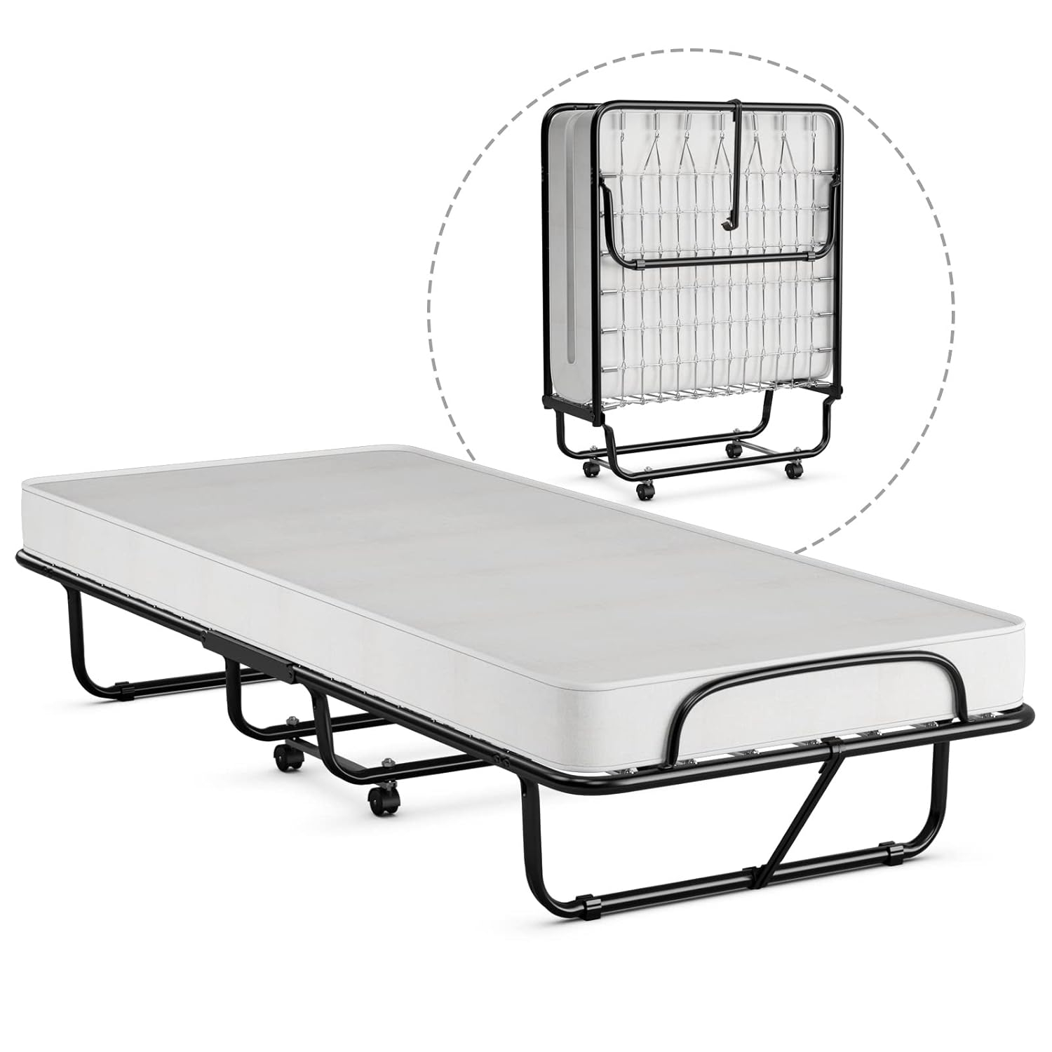 Hysache Rollaway Folding Bed with 4" Memory Foam Mattress, Portable Foldable Guest Bed for Spare Room & Office, 4 Casters, Metal Frame, Portable & Lightweight Compact Rolling Cot, 75" x 31"
