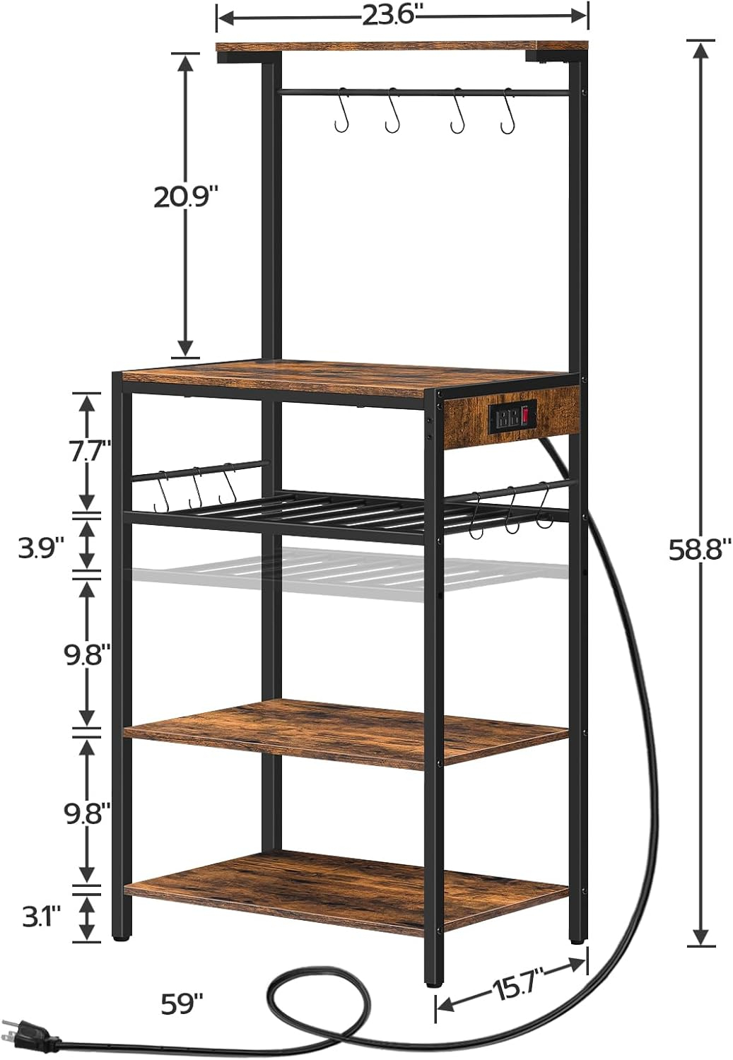 HOOBRO Kitchen Bakers Rack with Power Outlet, 5-Tier Coffee Bar with Adjustable Wine Rack, Microwave Stand with 10 S-Shaped Hooks, Kitchen Storage Shelf Rack, Rustic Brown BF60UHB01