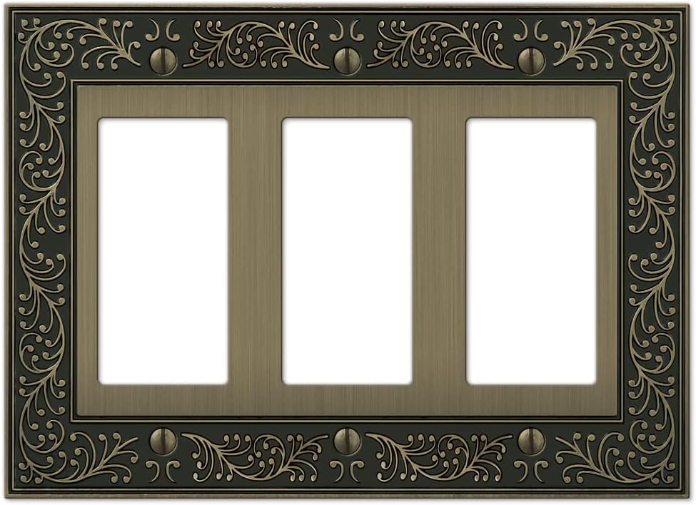 Amerelle 43RRRBB English Garden Wallplate, 3 Rocker, Cast Metal, Brushed Brass, 1-Pack