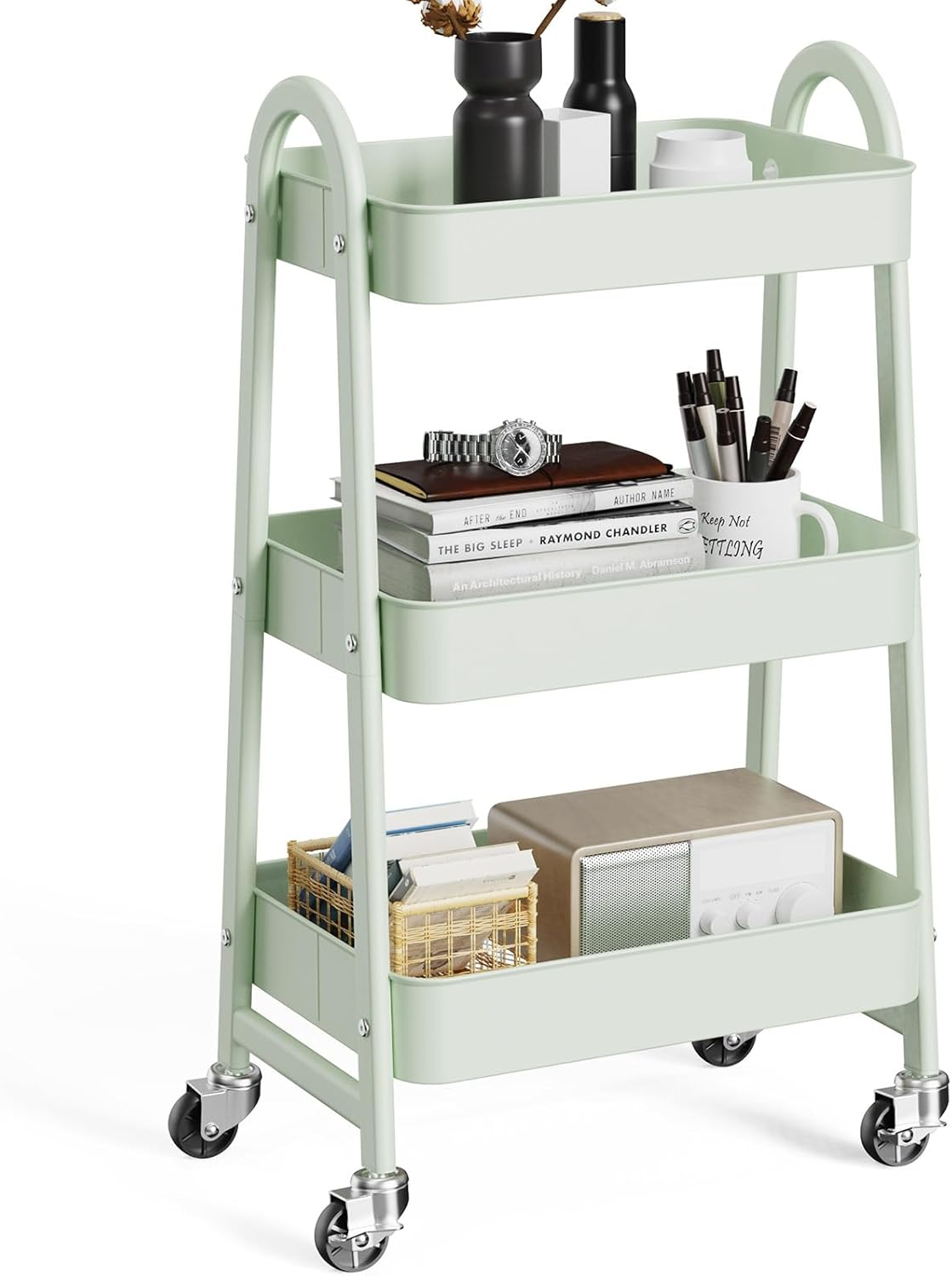 Green Metal 3-Tier Rolling Utility Cart with Lockable Wheels