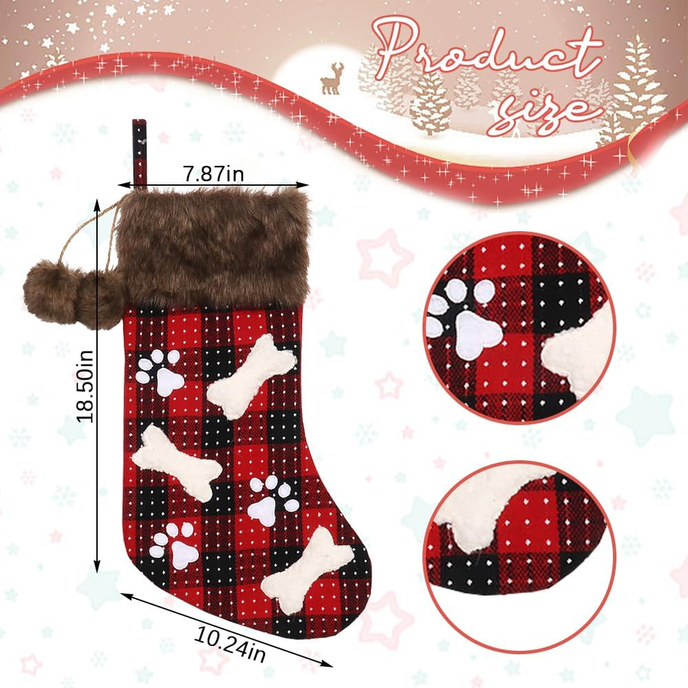 Christmas Stockings Set, 18'' Black Red Buffalo Plaid Christmas Stockings Hanging Ornaments Soft Faux Fur Pet Paw Christmas Stockings Plush Fireplace Hanging Stockings for Christmas Holiday Xmas Gift