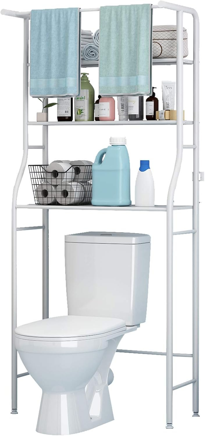 UDEAR 3-Tier Over The Toilet Rack,Bathroom Shelf Space Saver,Corner Stand Storage Organizer Accessories,The Washing Machine,with Hanging Rod,Tower Shelf,White