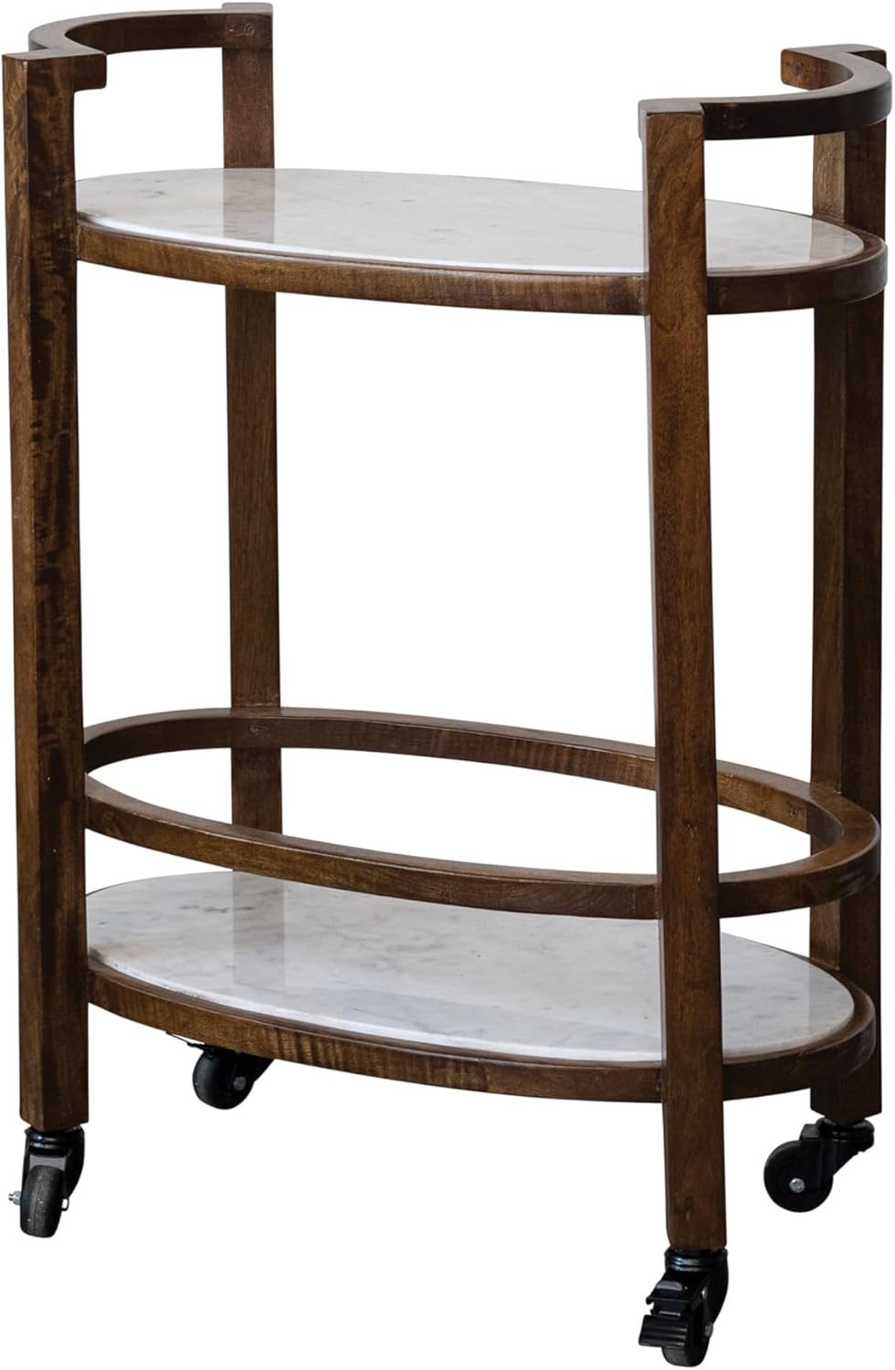 Walnut Finish and White Mango Wood and Marble 2-Tier Bar Cart
