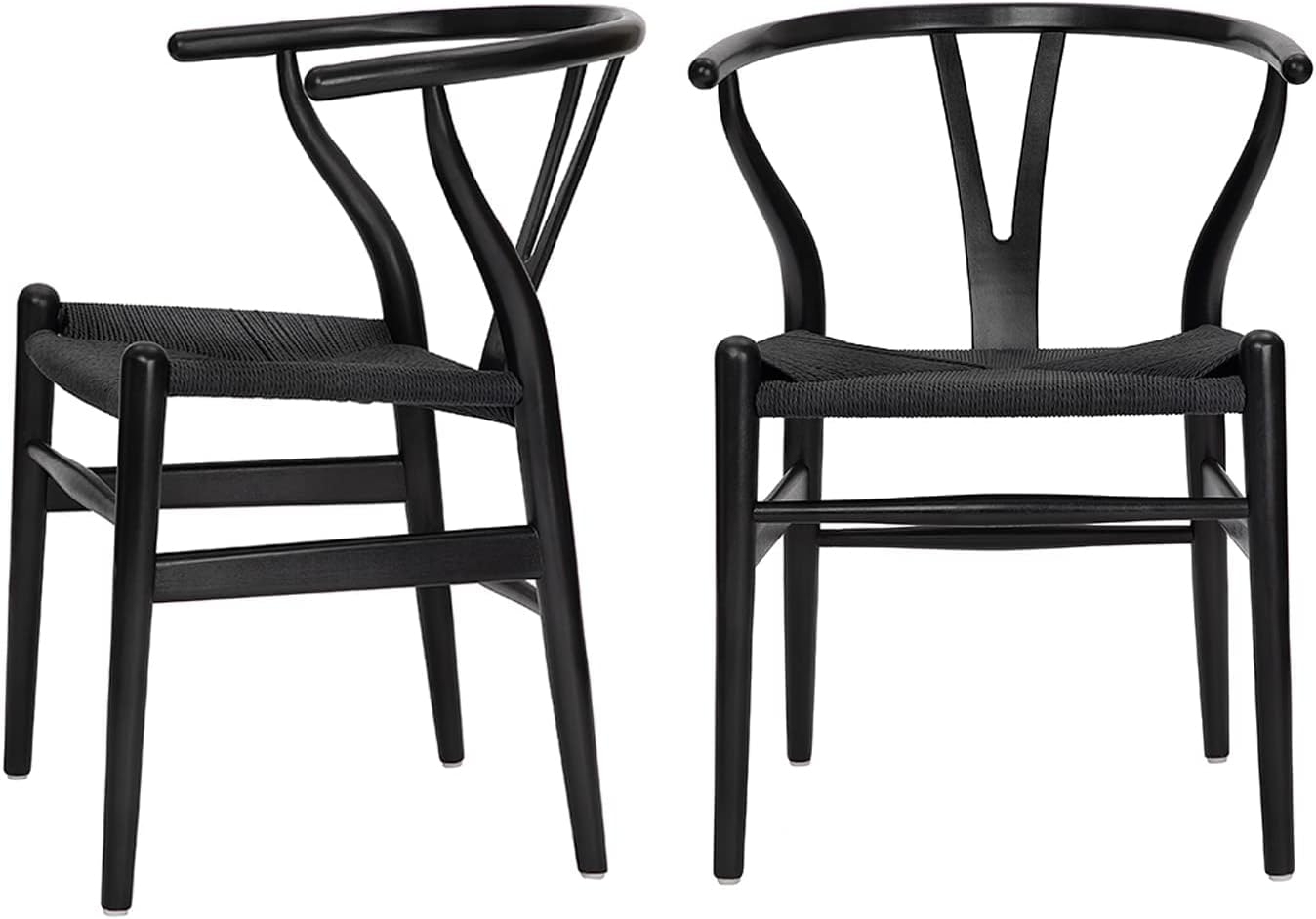 2xhome Set of 2 Wishbone Solid Wood Armchairs with Arms Open Y Back Farmhouse Dining Office Chairs with Woven Black Seat, Black