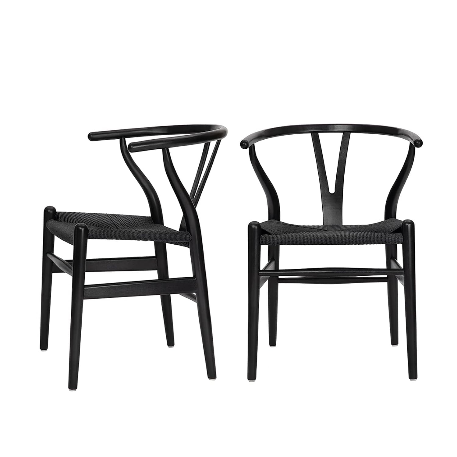 2xhome Set of 2 Wishbone Solid Wood Armchairs with Arms Open Y Back Farmhouse Dining Office Chairs with Woven Black Seat, Black