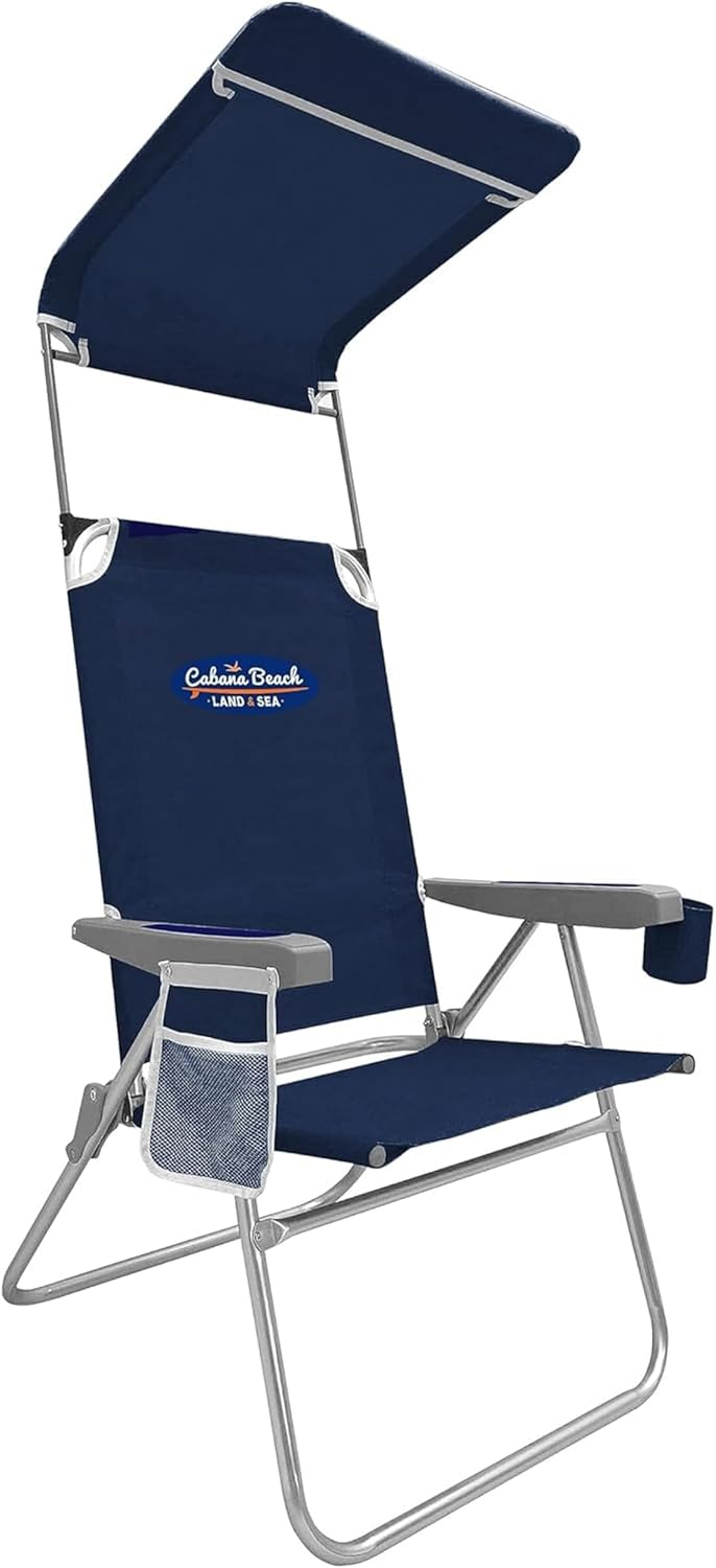Cabana Beach High Back Beach Chair with Canopy, 225lb Capacity, Navy