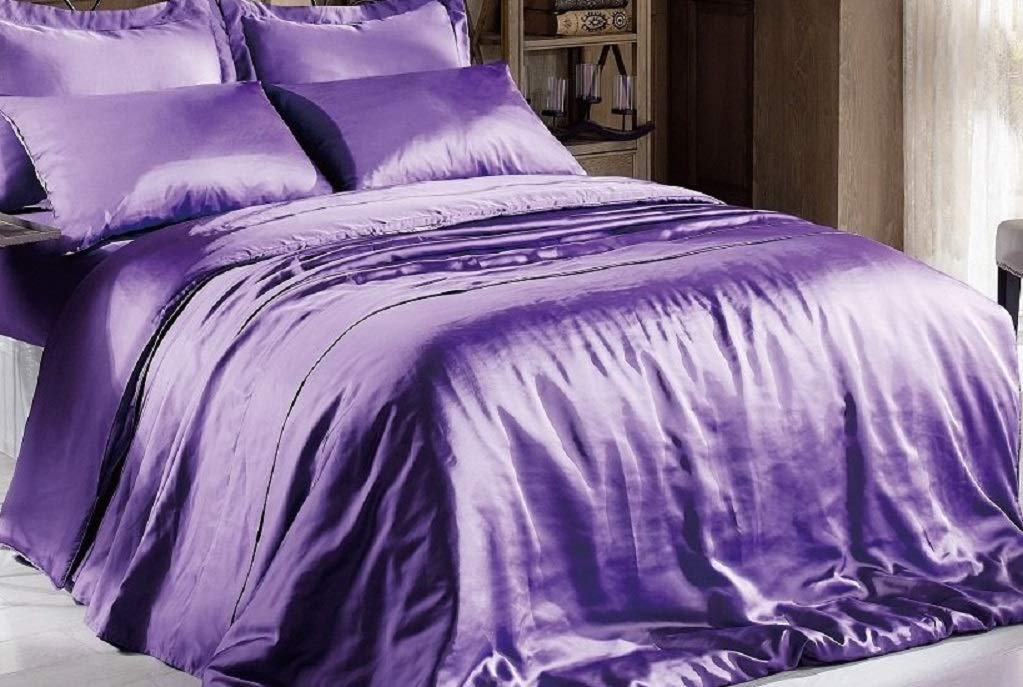 Hight Thread Count Solid Color Soft Silky Charmeuse Satin Luxury and Super Soft Bed Sheet Set (Purple, Queen)