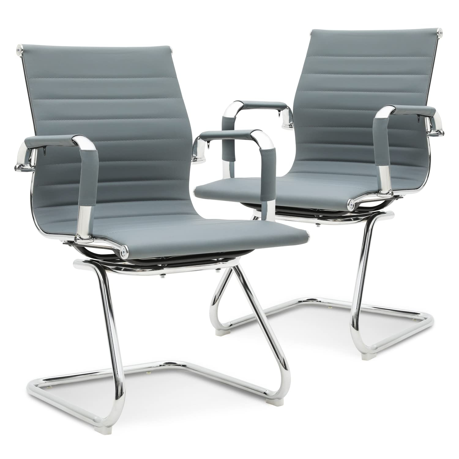 Guyou Modern Mid Back Office Guest Chair Set of 2, Faux Leather Reception Chair Computer Chair with Armrests and Metal Sled Base for Meeting/Waiting/Conference Room, No Wheels, Black