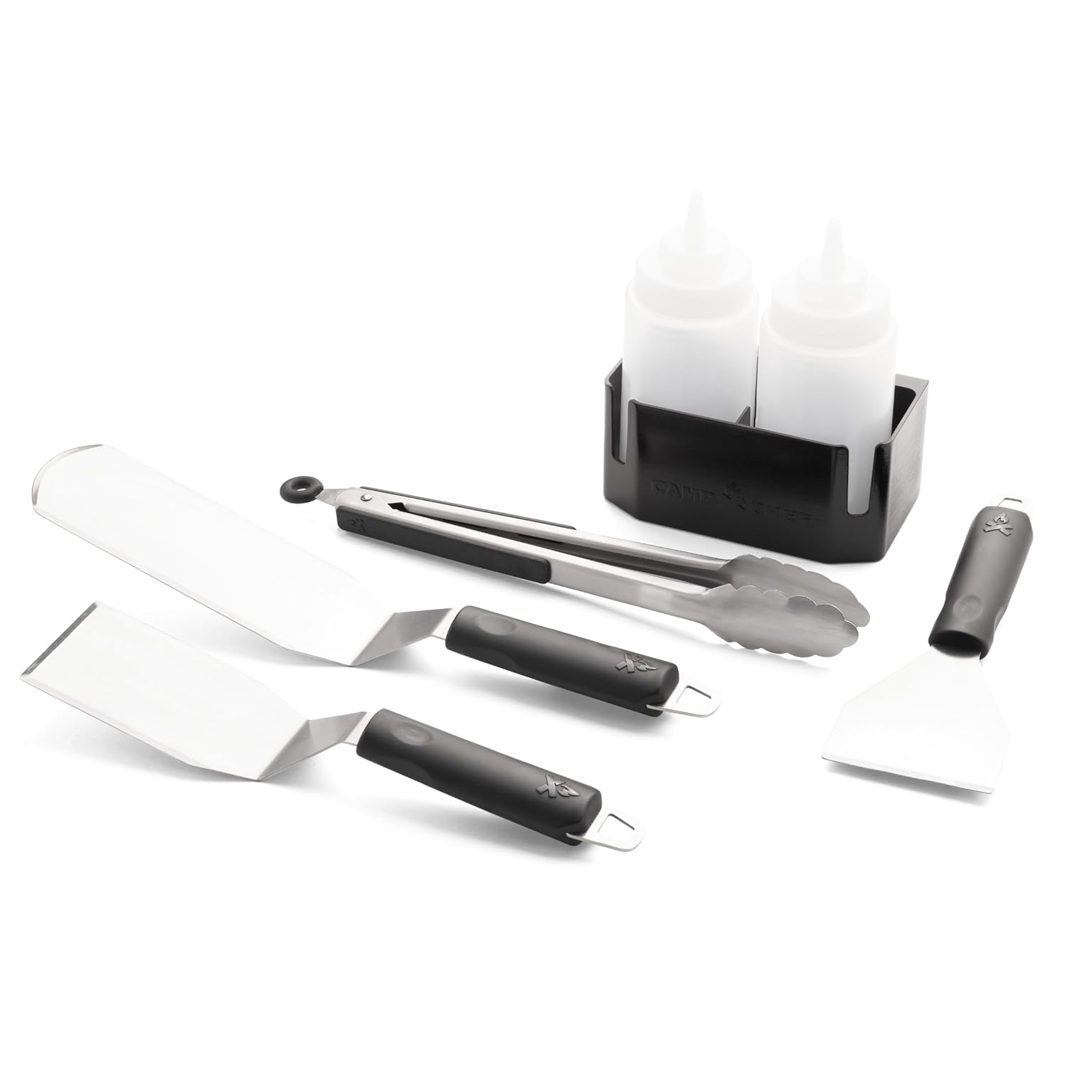Camp Chef Griddle Essentials Kit - Flat-Top Griddle Accessories Include 2 Grill Spatulas, Grilling Tongs, Grill Scraper, 2 Squeeze Bottles & Magnetic Bottle Holder