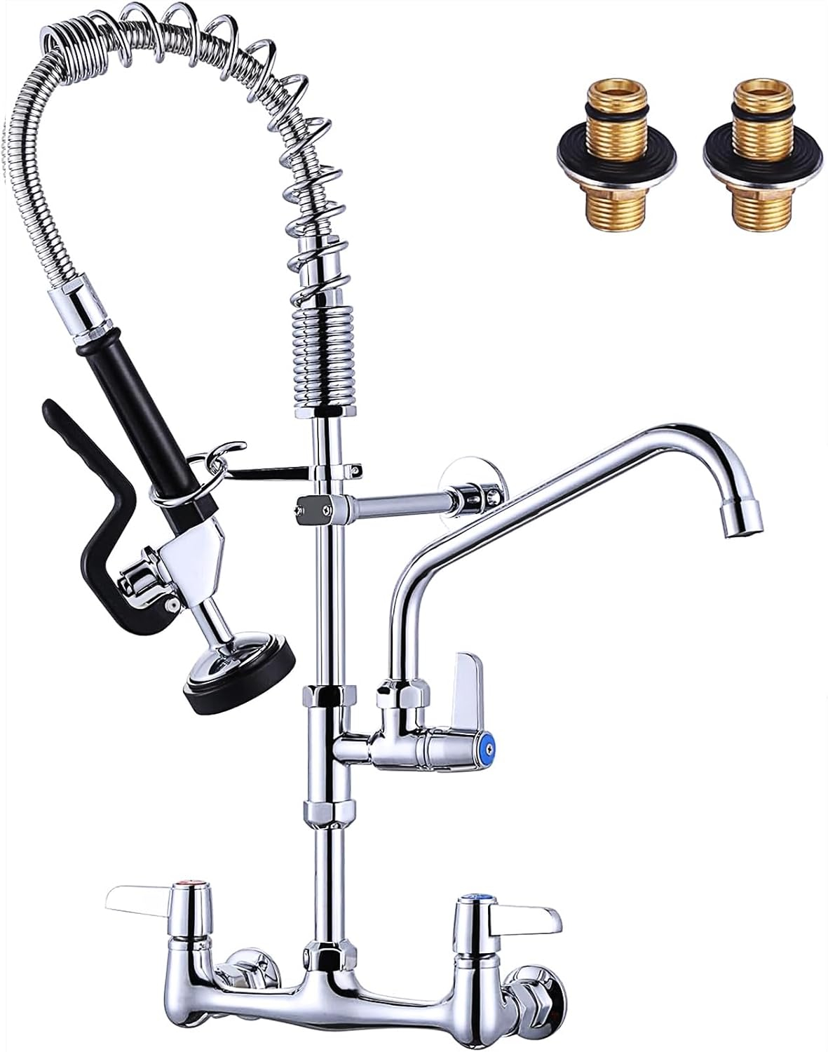Commercial Kitchen Sink Faucet with Pull Down Sprayer, Pre-Rinse Commercial Fucet Chrome Kitchen Wall Mount Faucets with Sprayer 25" Height Water Faucets with 9.6" Add-on Swing Spout for Restaurant