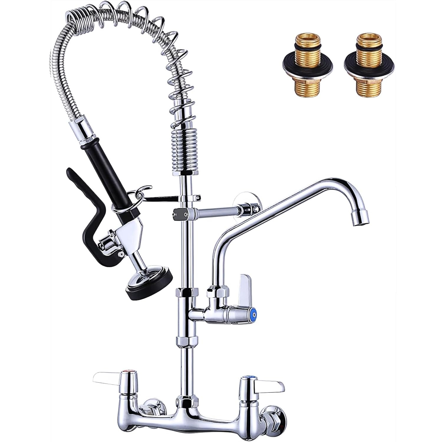 Commercial Kitchen Sink Faucet with Pull Down Sprayer, Pre-Rinse Wall Mount Faucet Chrome Commercial Kitchen Faucets with Sprayer 25" Height Water Faucets with 9.6" Add-on Swing Spout for Restaurant