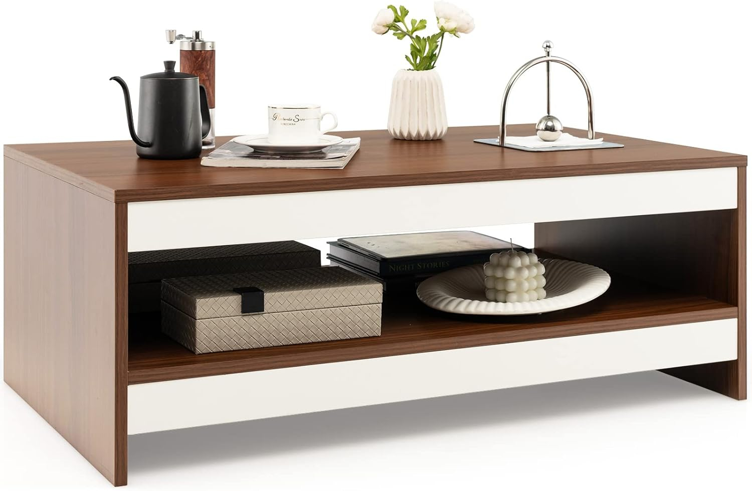 Tangkula Modern Coffee Table for Living Room, 2-Tier Rectangle Coffee Table with 37" Large Tabletop and Open Shelf, Wood Central Tea Table, Cocktail Table for Reception Office (Brown)