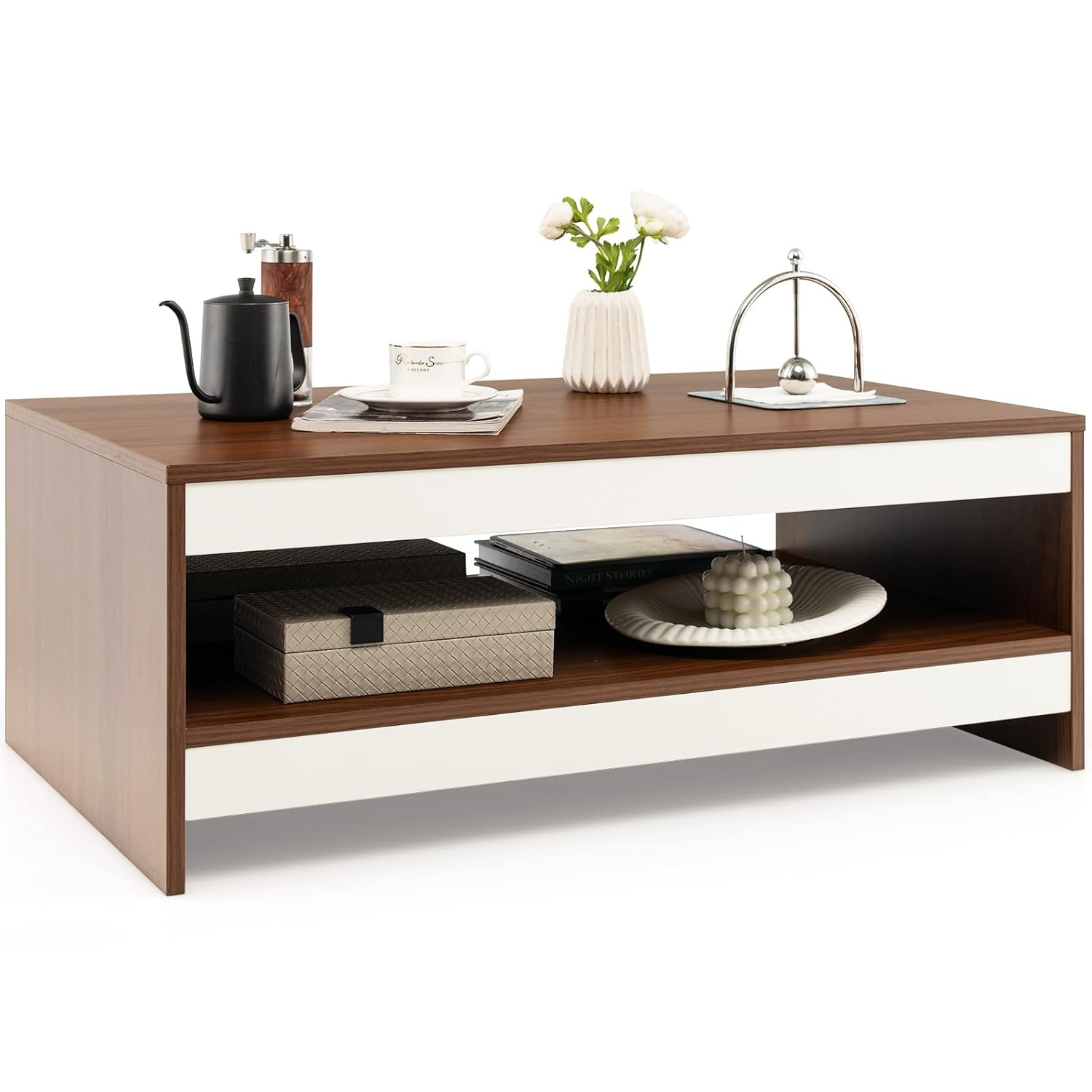 Tangkula Modern Coffee Table for Living Room, 2-Tier Rectangle Coffee Table with 37" Large Tabletop and Open Shelf, Wood Central Tea Table, Cocktail Table for Reception Office (Brown)