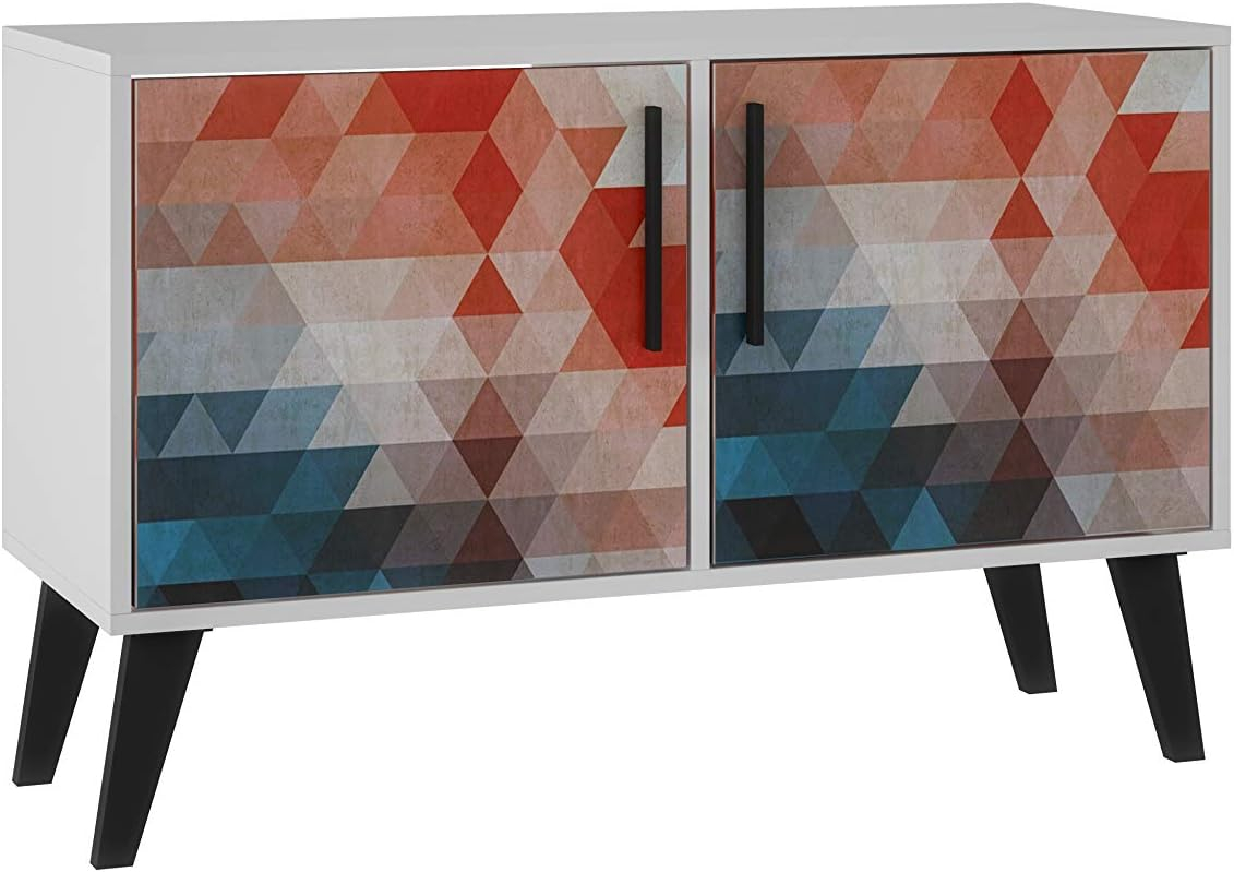 Manhattan Comfort Mid-Century- Modern Amsterdam Double Side Table 2.0 with 3 Shelves in Multi Color Red and Blue