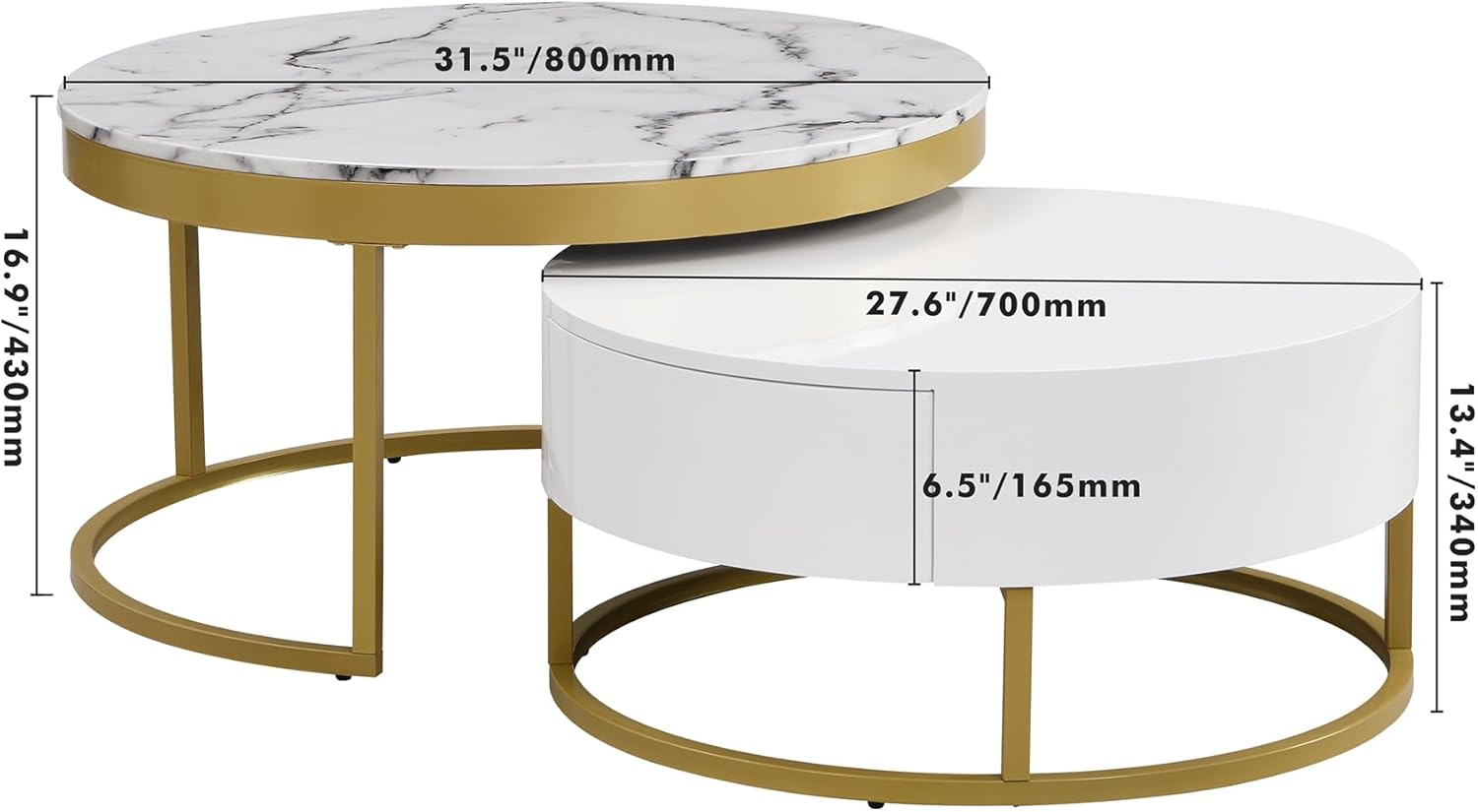 Modern Round Nesting Coffee Table with Drawers in White