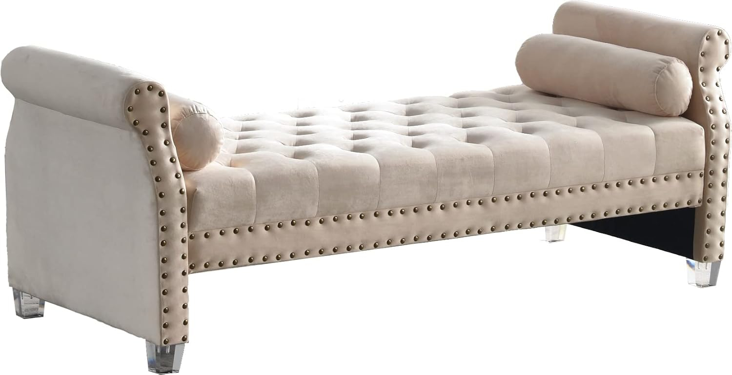 Stefania 71-inch Rolled Arm Oversized Velvet Tufted Upholstered Bench Standard Benches Black Velvet Victorian,Mid-Century Modern