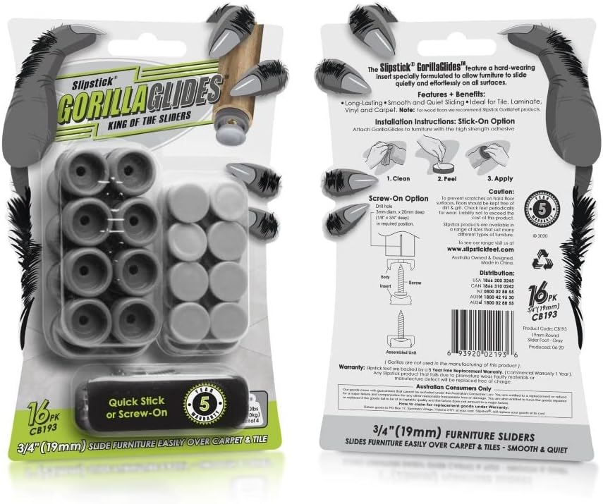 GorillaGlides CB193 3/4 Inch Chair Glides / Furniture Feet Floor Protectors (Set of 16 Sliders) Self-Adhesive or Screw-On, for Sliding on Carpet and Hard Surface Flooring, Round