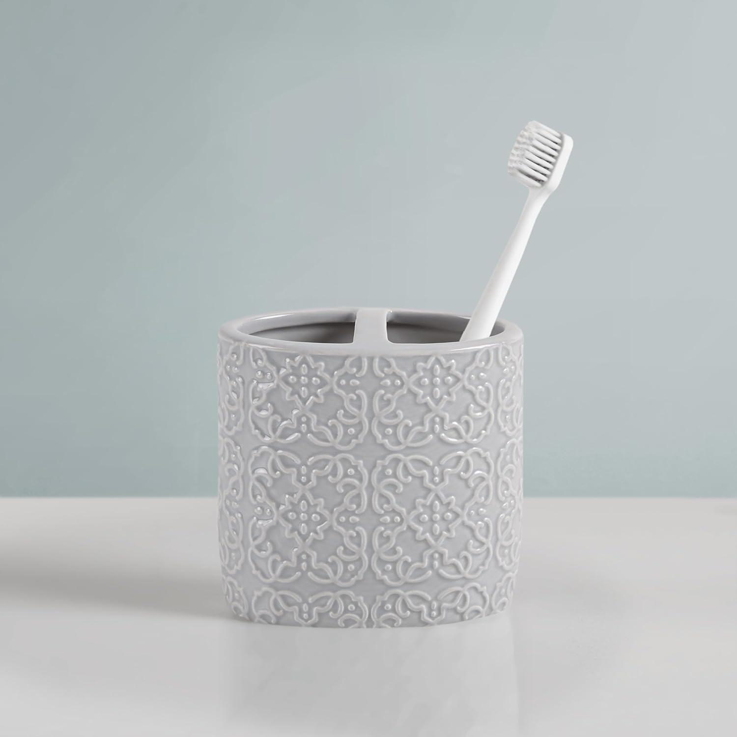 Martha Stewart Ceramic Bathroom Accessories Set, Vanity Decor Storage Organizer, Embossed Damask Medallion, Lotion/Soap Dispenser, Toothbrush Holder, Tumbler, Trinket Dish, Assorted Sizes Grey