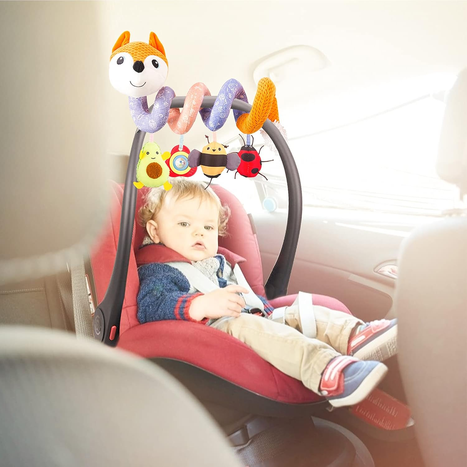 HILENBO Car Seat Toys, Infant Baby Orange Fox Spiral Plush Activity Hanging Toys for Car Seat Stroller Bar Crib Bassinet Mobile with Music Box BB Squeaker and Rattles?Orange?