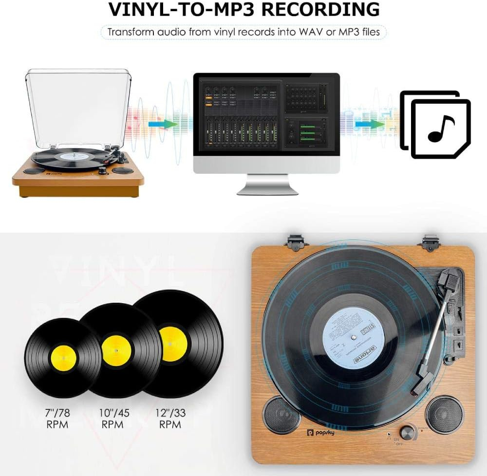 Vintage Brown 3-Speed Bluetooth Turntable with Built-in Speakers
