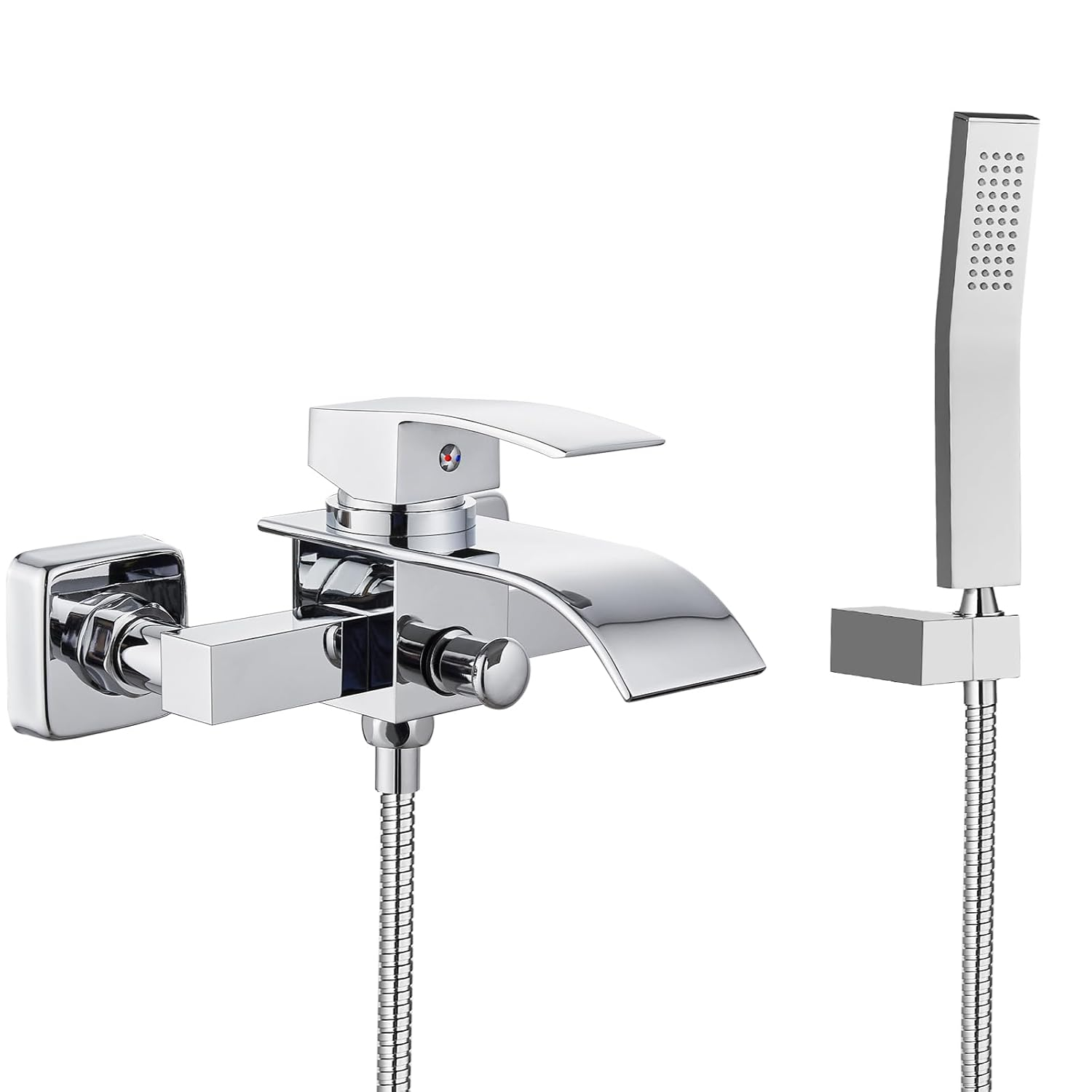 Midanya Wall Mount Bathtub Faucet with Handheld Spray Waterfall Tub Filler Single Handle Bathroom Tub Mixer Tap Hand-Shower System with Curved Spout Commercial,Brushed Nickel